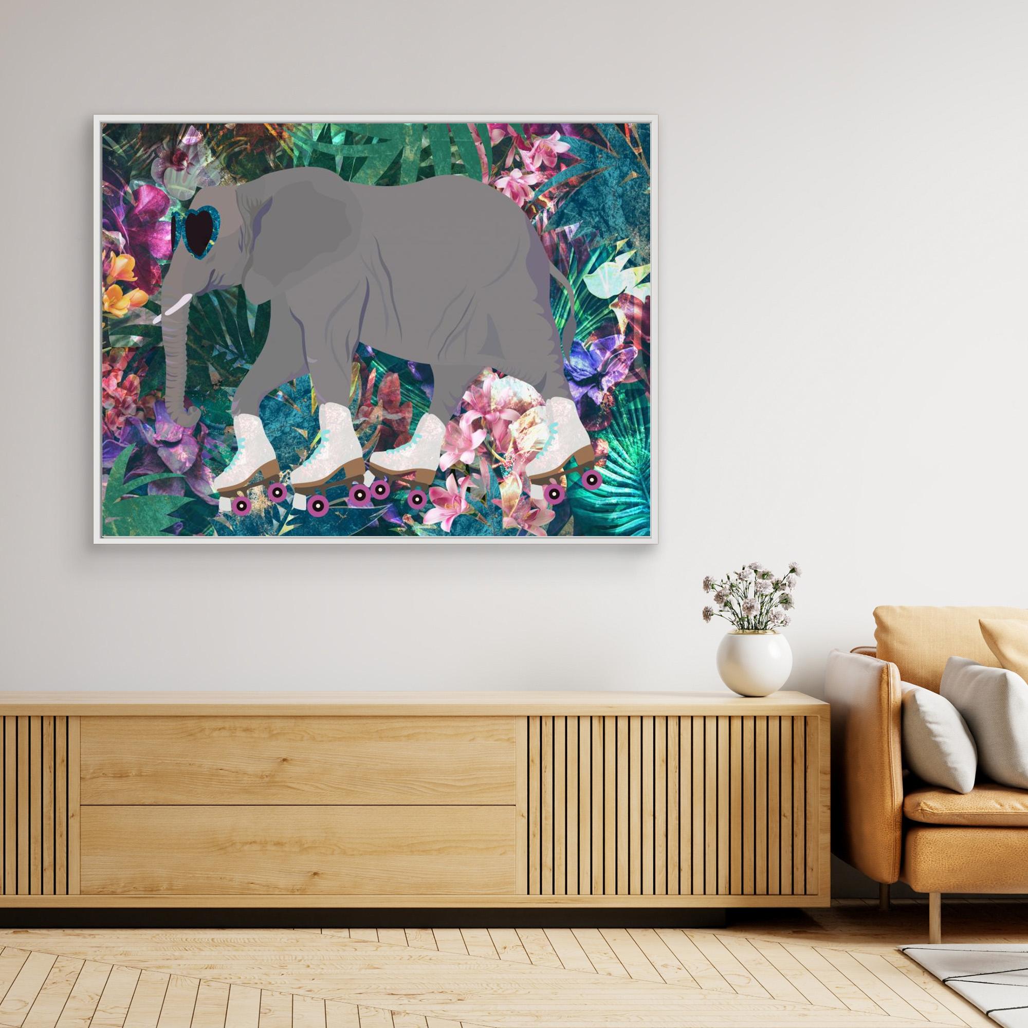 Elephant Rollerskating in the Jungle Canvas Print by Sarah Manovski - Unique Animal Wall Art for Living Room, Nursery & Office Decor