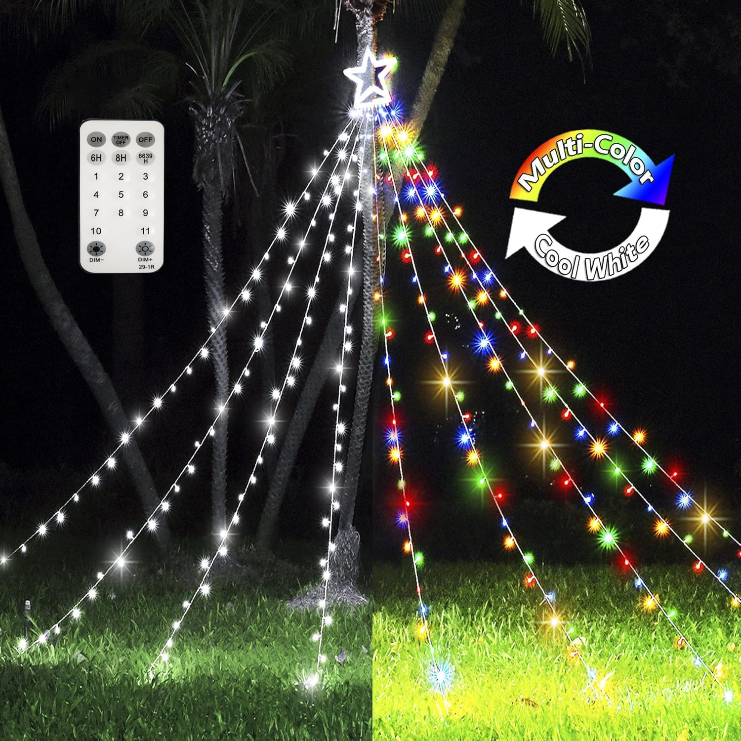 317 LED 17ft Outdoor Christmas Star String Lights with Remote - 11 Lighting Modes & Timer for Christmas Tree, Halloween, Wedding Party Decorations (Multicolor & Cool White) | Perfect for Indoor/Outdoor Holiday Decor, Garden, Patio, and Special Events