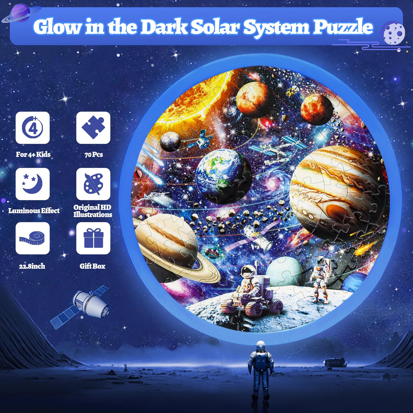 Glow in The Dark Solar System Puzzle for Kids Ages 4-10 - 70 Piece Space Planet Floor Puzzle - Educational STEM Toy Gift for Boys & Girls - Perfect for Bedroom Decor & Astronomy Learning Activities
