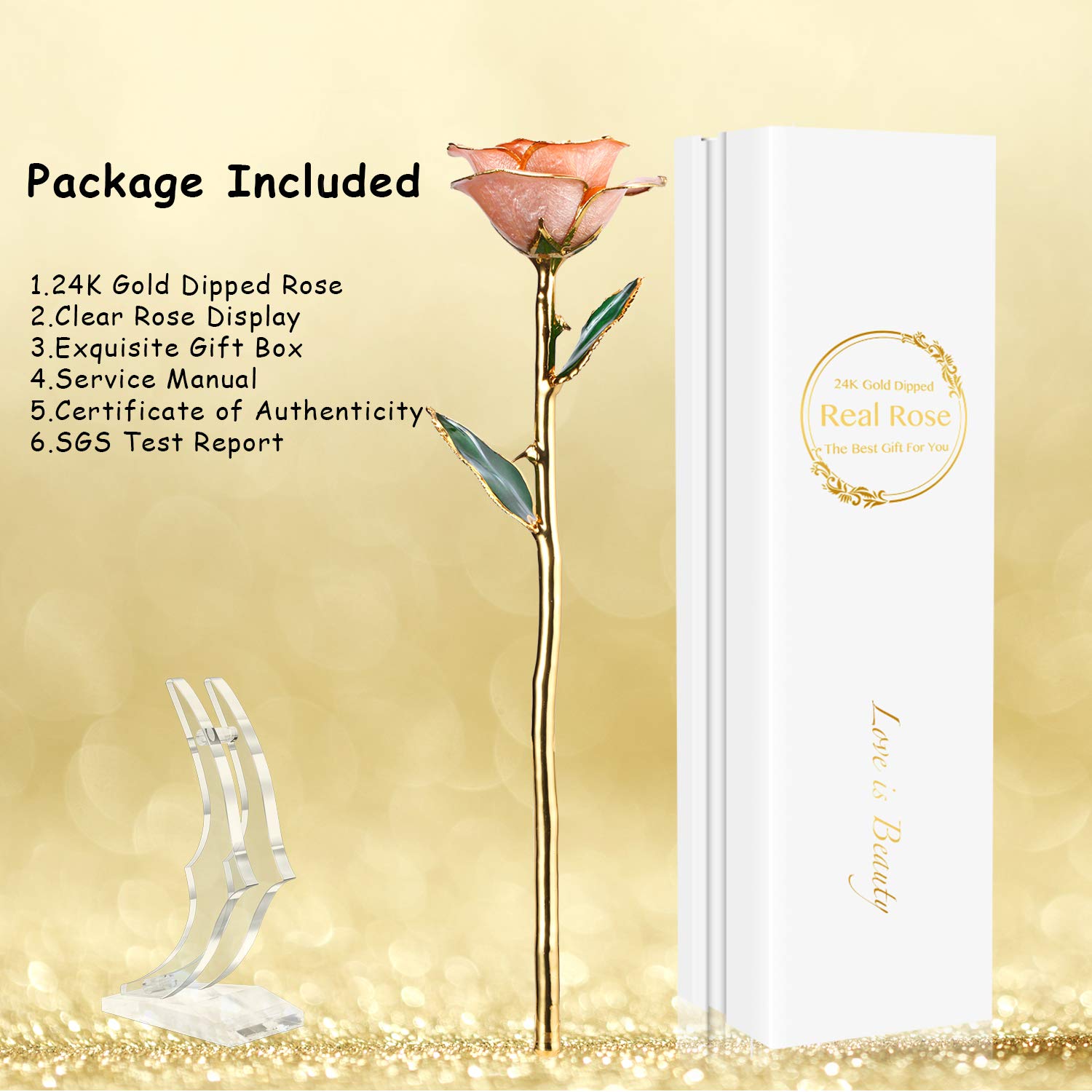 24K Gold Dipped Real Rose in Pink with Stand - Luxurious Eternal Flower Gift for Her, Wife, Anniversary, Valentine's Day - Perfect for Romantic Occasions, Wedding Decor & Home Display