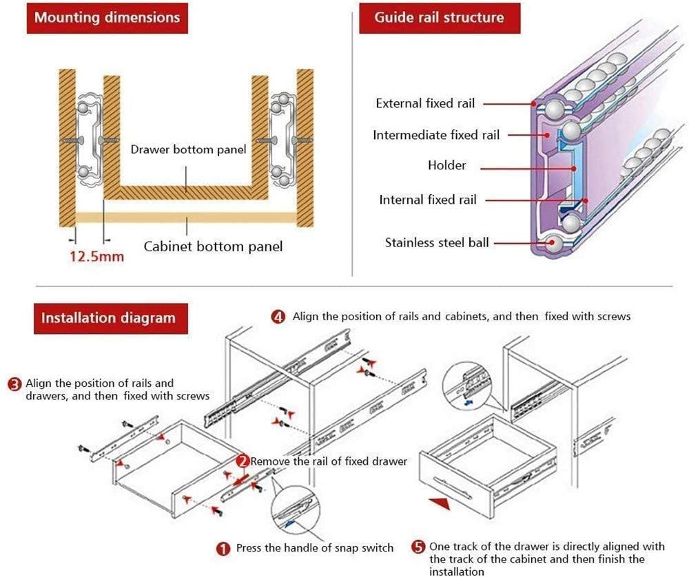 6 Inch Full Extension Ball Bearing Drawer Slides - 3 Section Side Mount Cabinet Sliders for Kitchen Furniture (2 Pack, Silver) | Heavy Duty Drawer Runners for Cabinets, Dressers, and Storage Units