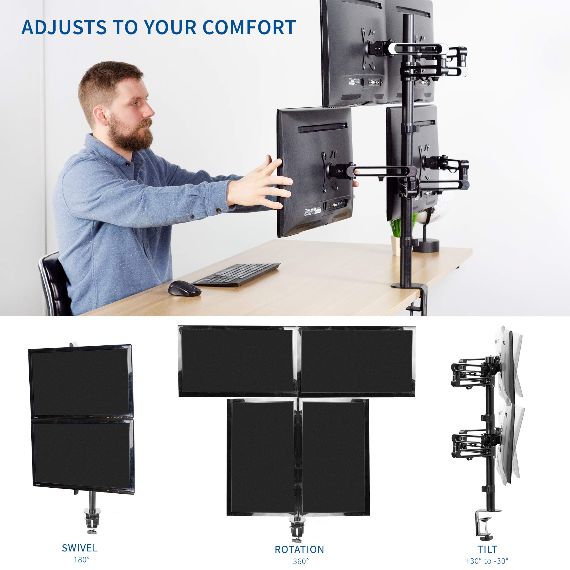 VIVO Quad Monitor Stand for 17 to 32 inch Screens | Heavy Duty Adjustable Clamp-on Desk Mount | Holds 4 LCD/LED Monitors up to 100x100mm VESA | Ergonomic Home Office Workstation Setup | Perfect for Multi-Screen Trading, Coding & Video Editing