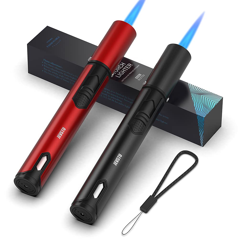 Premium JEVSTU Windproof Jet Torch Lighter with Fuel Window - Adjustable Flame Butane Lighter for Cooking, Candle Lighting, BBQ, Camping & Survival Gear (2-Pack Red & Black) - Perfect Gift for Dads, Outdoorsmen & Chefs - Gas Not Included