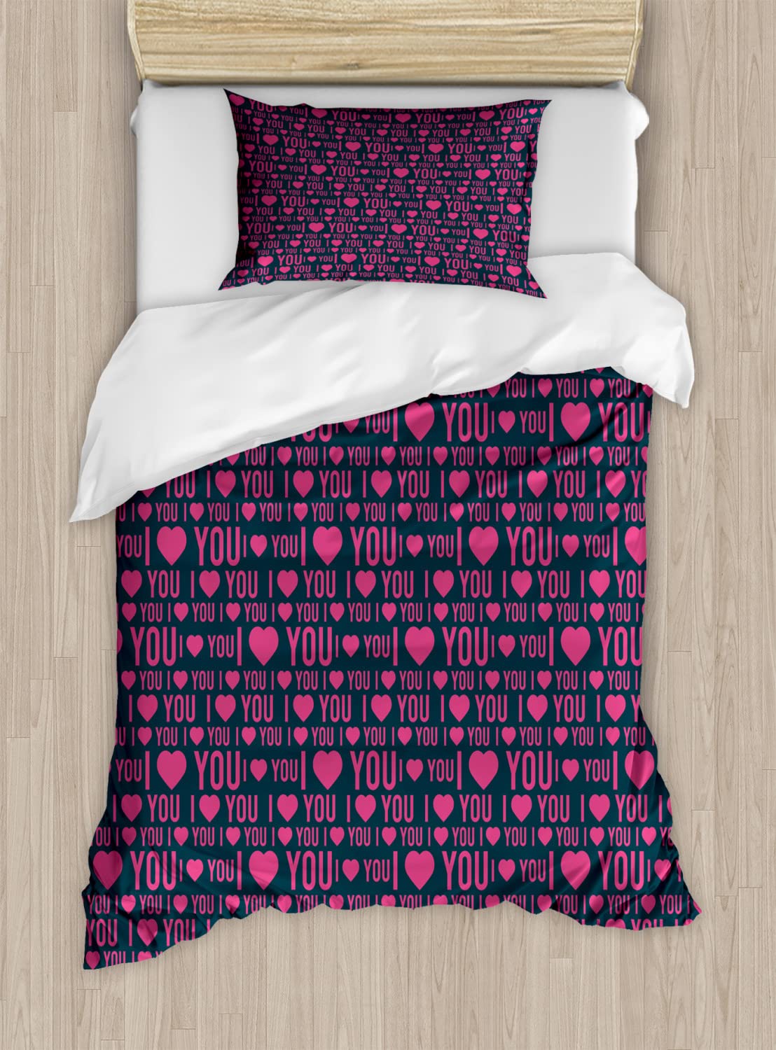 Ambesonne Romantic I Love You Duvet Cover Set - Queen Size 2-Piece Bedding with Heart Patterns & Love Words, Valentine's Day Couples Gift (Magenta & Dark Grey) for Master Bedroom, Guest Room, or Anniversary Present