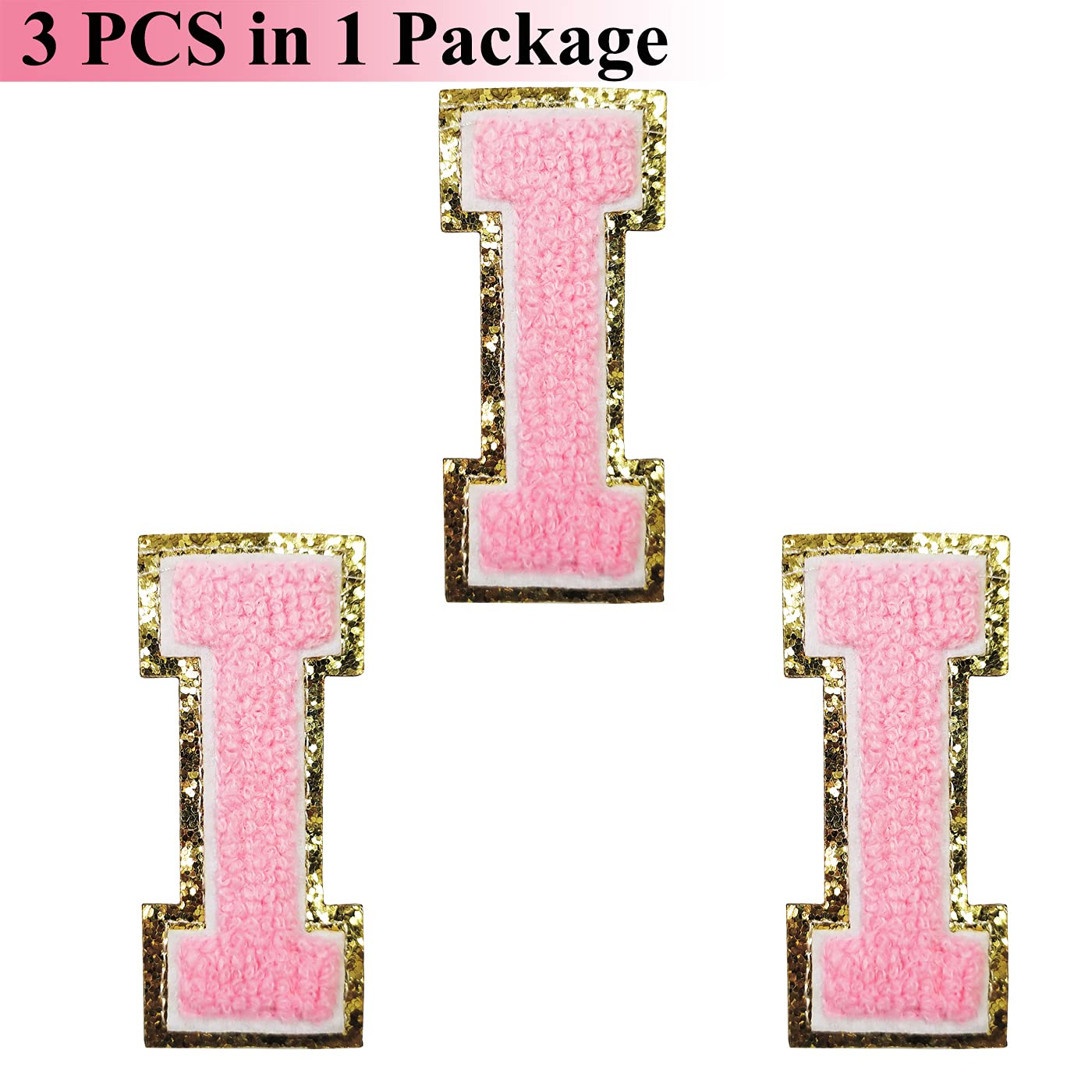 Gold Glitter & Pink Chenille Iron-On Letter Patches - 3 PCS Varsity Initial Patches with Adhesive Backing for Team Costumes, Jackets, Bags & DIY Crafts (3.1 Inch Height) - Perfect for Sports Uniforms, Dance Teams & Personalized Gifts