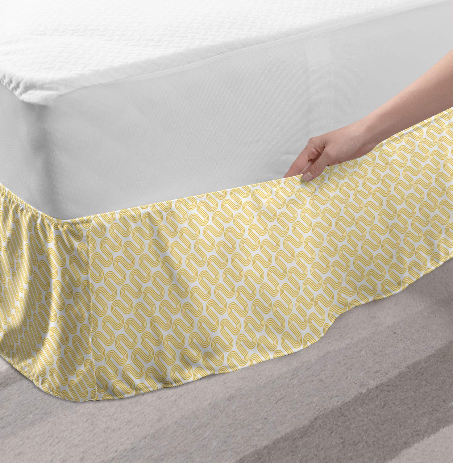 Ambesonne Geometric Bed Skirt with Abstract Wavy Lines - Elastic Dust Ruffle Wrap Around for Twin/Twin XL Beds - White & Mustard Home Decor - Perfect for Modern Bedroom Styling and Guest Room Makeovers