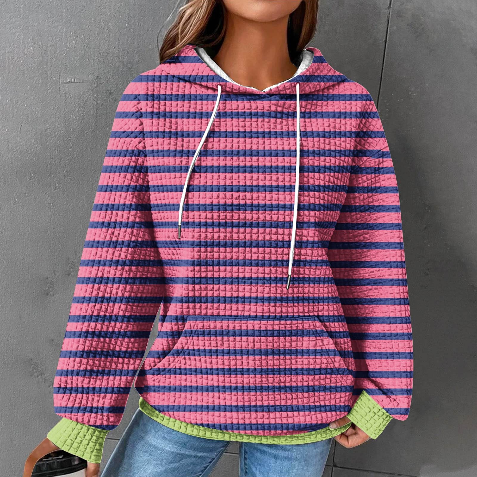 Women's Fashion Waffle Striped Hoodie - Long Sleeve Drawstring Sweatshirt, Loose Winter Fall Pullover Blouse Top for Casual Wear & Outdoor Activities