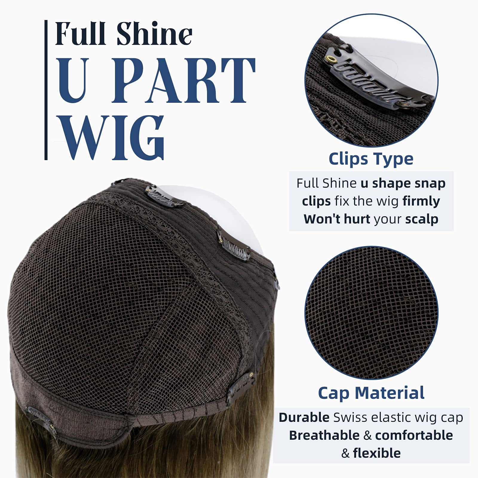 Full Shine U Part Human Hair Wigs - 20Inch Ombre Balayage Brown Blonde Remy Hair Half Wig with Clip Ins (150g) - Perfect for Daily Wear, Parties & Special Occasions