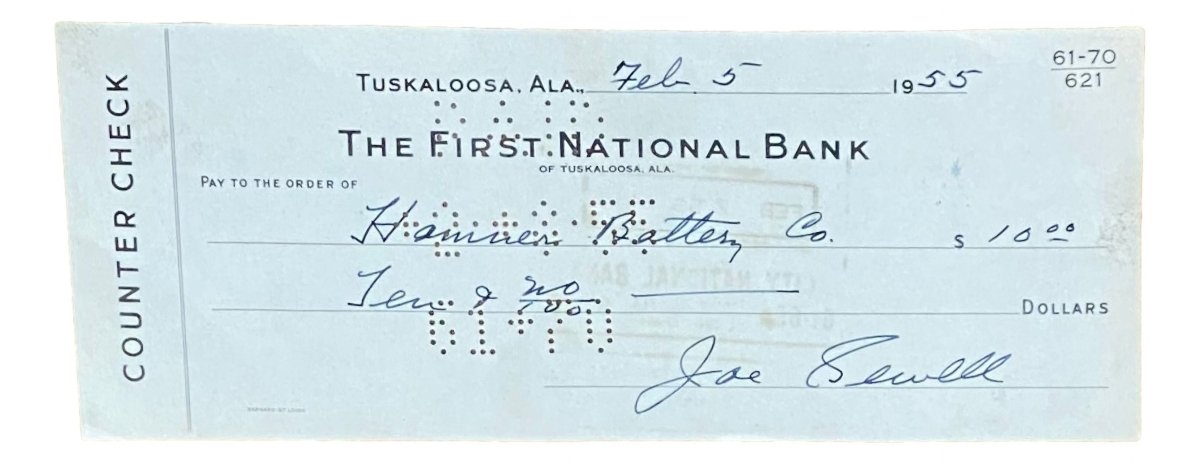 Joe Sewell Cleveland Autographed Bank Check - Signed February 5, 1955 - Authentic Baseball Memorabilia for Collectors & Sports Fans - Perfect for Framing, Display, or Investment