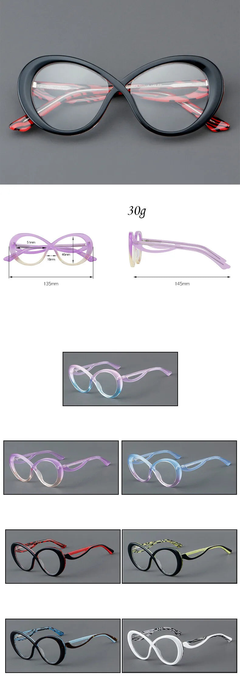 CCspace Unisex Full Rim Oval Cat Eye Acetate Eyeglasses Frame 30793 - Stylish Retro Glasses for Men & Women, Perfect for Office, Reading & Fashion Accessories