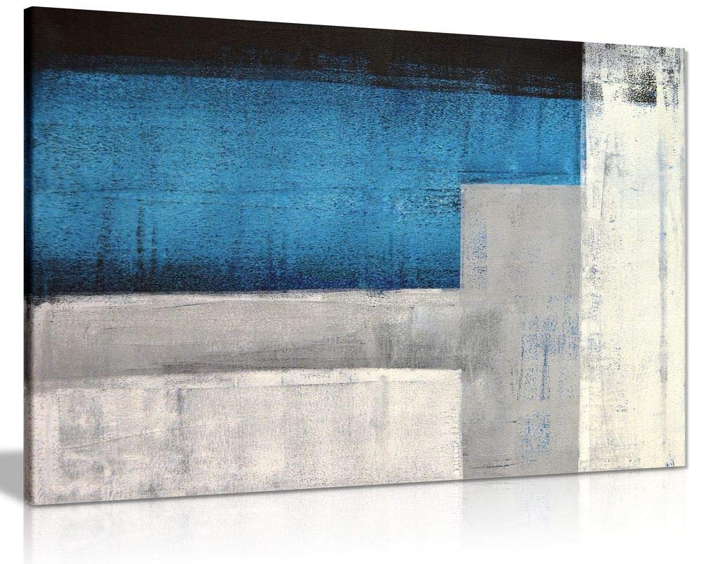 Blue Grey & White Abstract Painting Canvas Wall Art - Modern Home Decor Print 36x24 - Perfect for Living Room, Bedroom & Office Decor