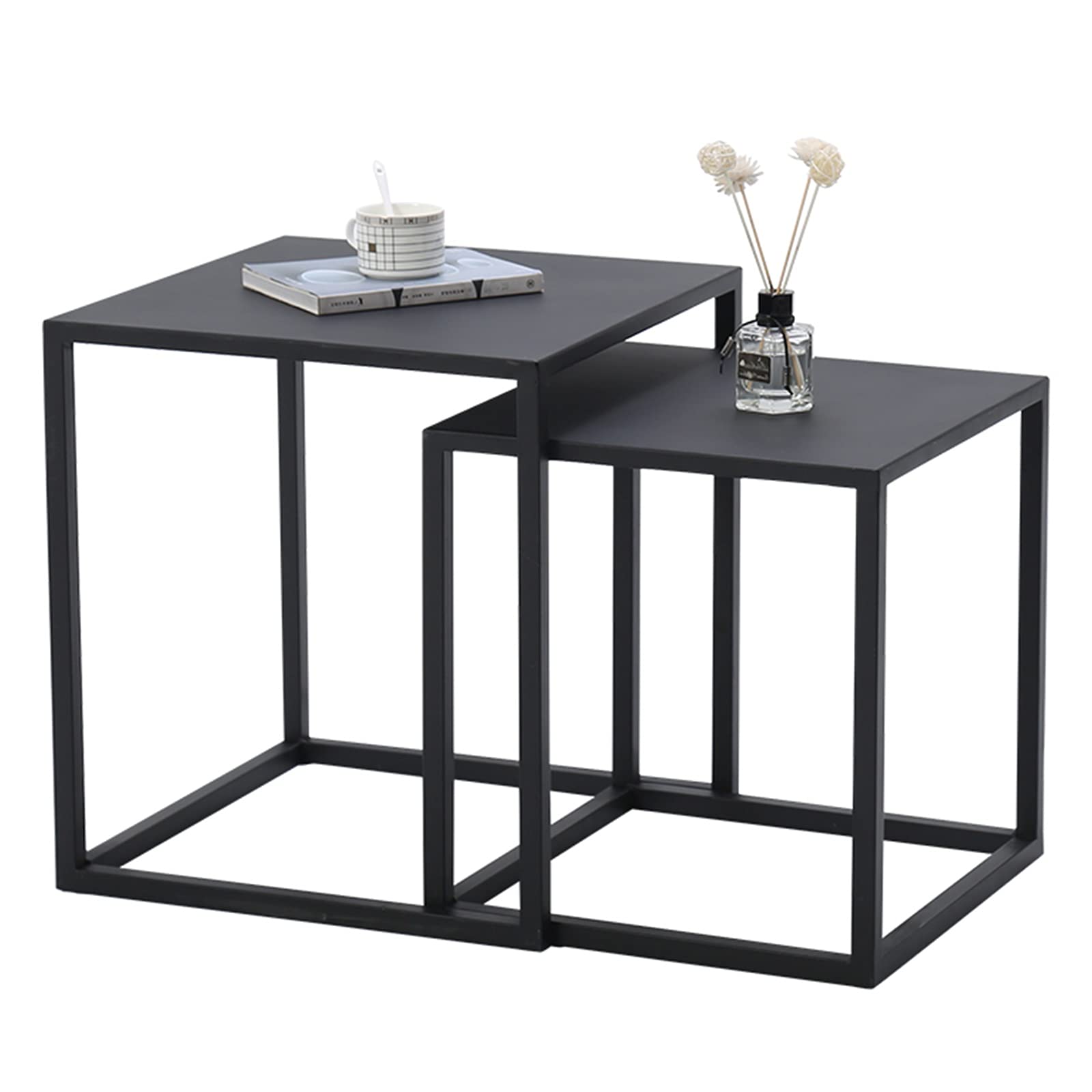 LXF Shop Square Nesting Table Set of 2 - Black Stackable Side Table for Small Space Living Room, Patio, Hallway - Sturdy Metal Frame Accent Table - Perfect for Apartments, Dorms & Home Decor