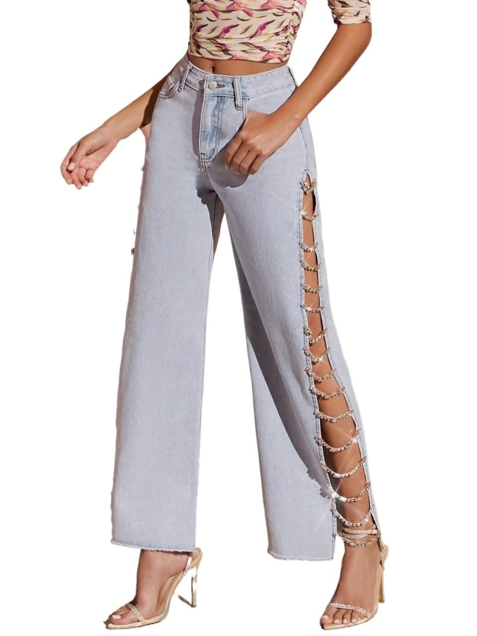 Women's Slim Fit Classic Relaxed Wide Leg Jeans with Side Slit & Gem Link Detail - Trendy Juniors Denim Pants for Casual Wear, Outings & Street Style Fashion
