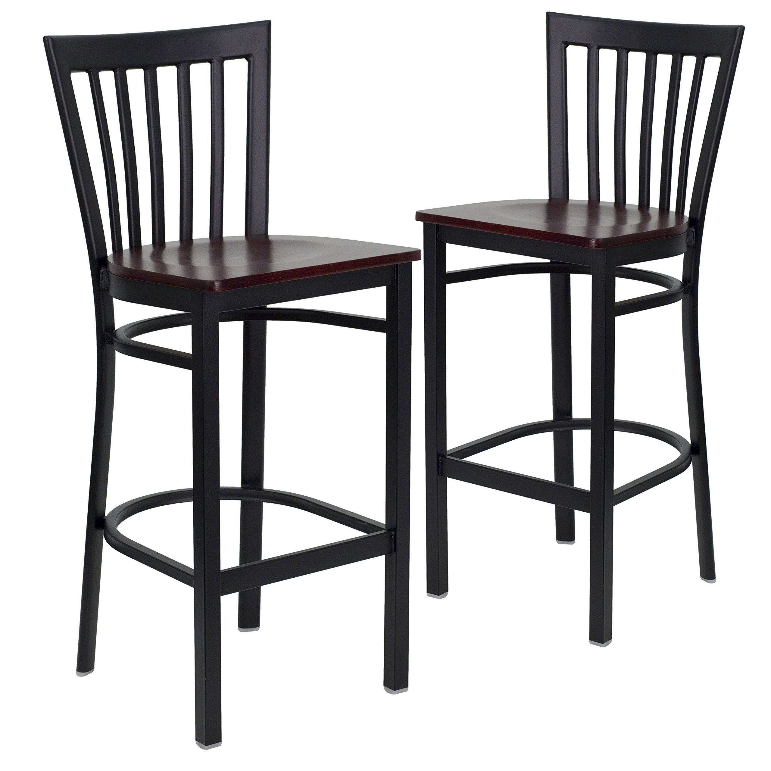 2 Pack Black Metal Bar Stools with Mahogany Wood Seat - Vintage Schoolhouse Style for Restaurant, Cafe & Home Bar Counter - Perfect for Dining, Kitchen Island & Breakfast Nook