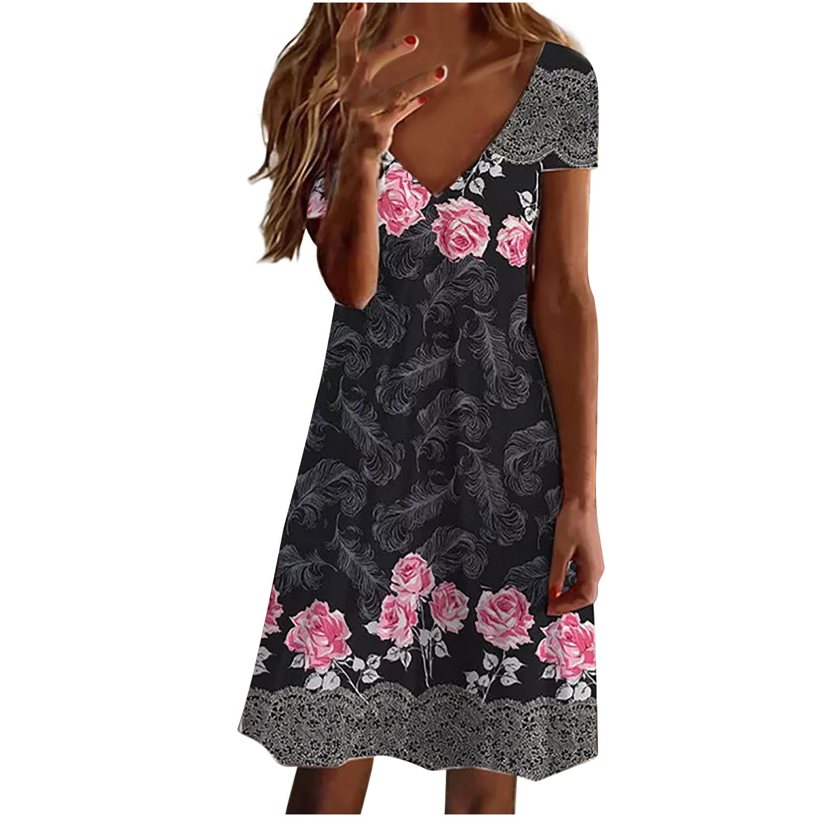 Women's Casual Floral Print Summer Dress - Boho V-Neck Short Sleeve Knee-Length Swing Dress, Slim Fit Sexy Mini Dress for Beach Vacation, Date Night & Outdoor Parties