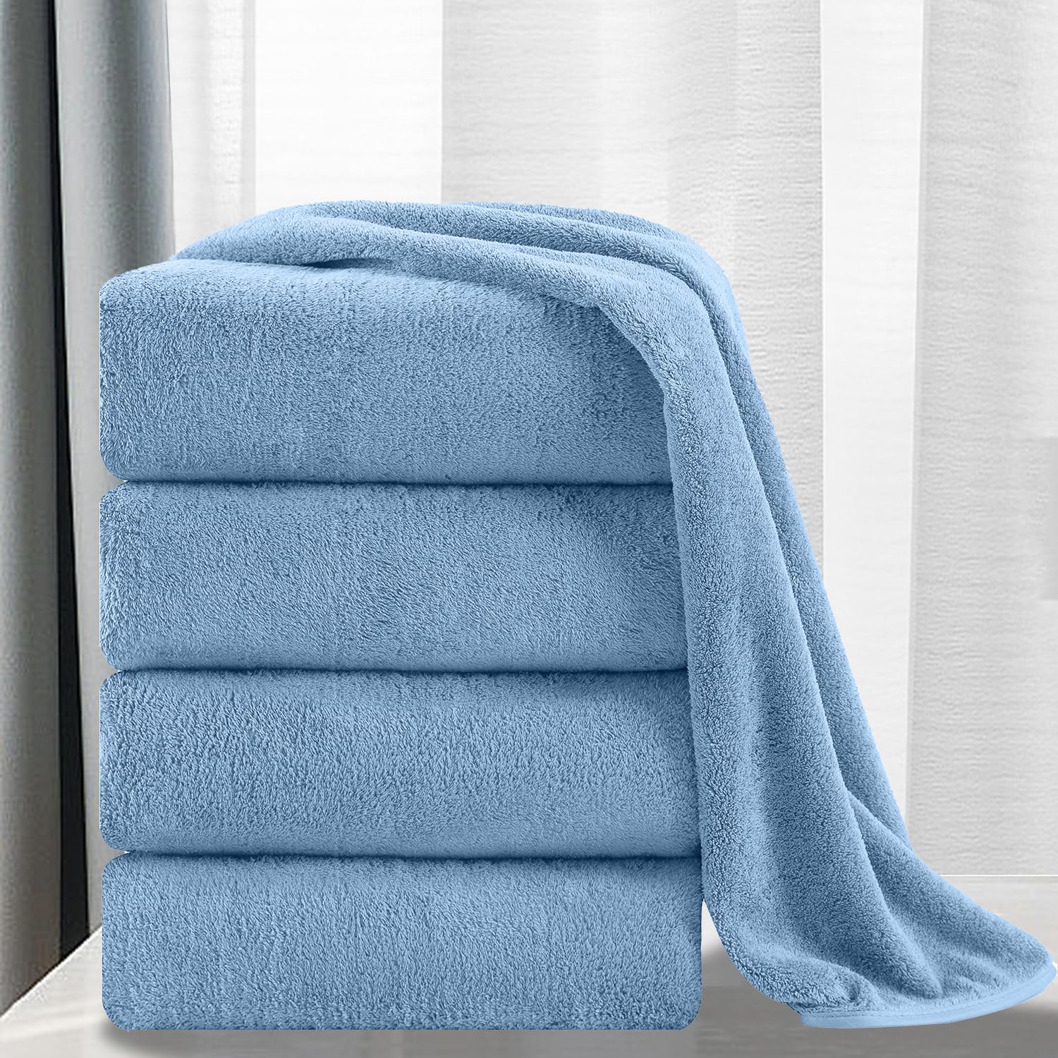 MINCHI 4-Piece Oversized Bath Towel Set - Ultra Soft & Highly Absorbent 600 GSM Bath Sheets (35x70 Inches) for Home, Spa & Hotel Use - Luxury Blue Bathroom Towels for Shower, Pool & Beach