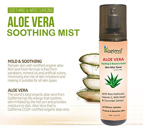KAZIMA Aloe Vera Soothing & Moisturizing Facial Toner Spray - Sulfate-Free, Paraben-Free, Xanthan-Free, Mineral Oil-Free, 4.5 fl oz | Hydrating & Calming Mist for Dry, Sensitive Skin | Perfect for Daily Skincare Routine & Post-Sun Care