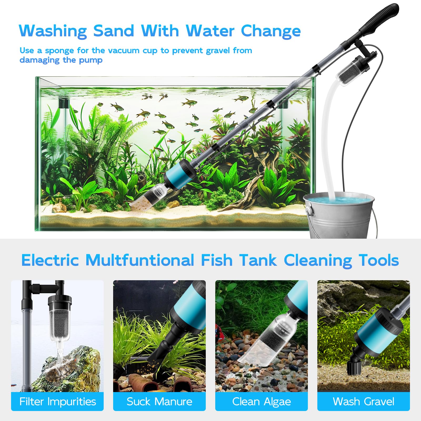 12V Electric Gravel Vacuum for Aquarium - Upgraded Variable Frequency Motor | 6-in-1 Versatile Siphon Pump for Fish Tank Cleaning | 729GPH (3000L/H) Powerful Water Changer | Perfect for Freshwater & Saltwater Tank Maintenance