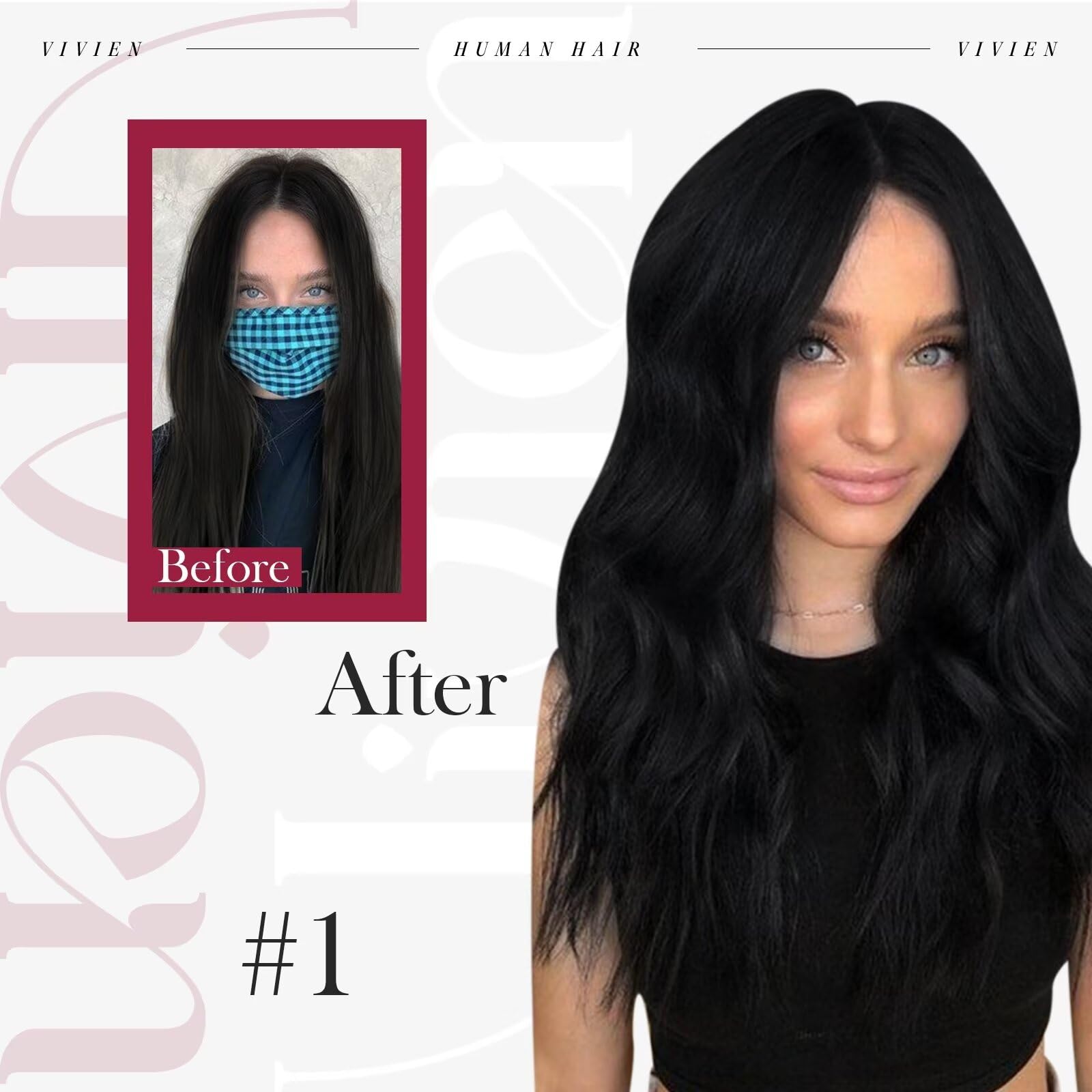 Vivien Black Clip-In Remy Hair Extensions 18 Inch – Real Human Hair, Jet Black, Double Weft, Invisible Clip, 7pcs (120g) for Natural Volume & Length – Perfect for Parties, Weddings & Daily Styling