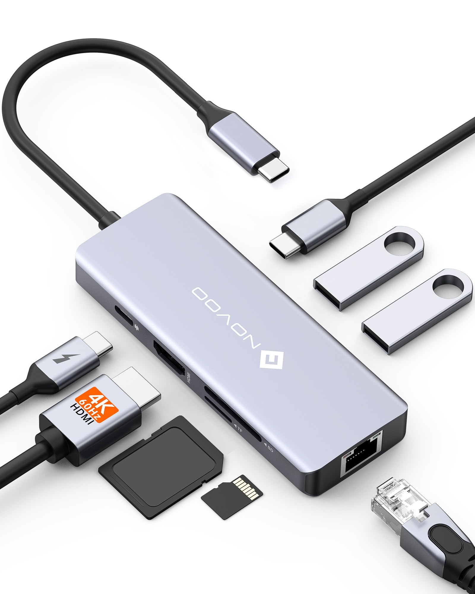 NOVOO 8-in-1 USB C Hub with 4K HDMI, 100W PD Charging, Ethernet RJ45, USB Adapter - Perfect for MacBook Pro/Air, iPad Pro, Chromebook & More