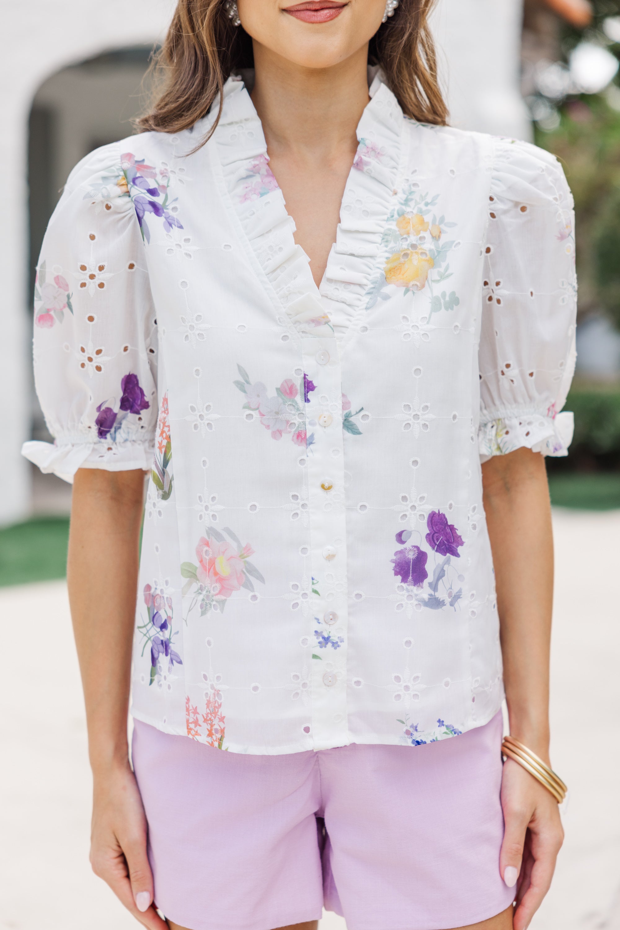 White Floral Eyelet Blouse for Women - Elegant Lace Top with Romantic Floral Pattern | Perfect for Spring Outfits, Date Nights & Office Wear