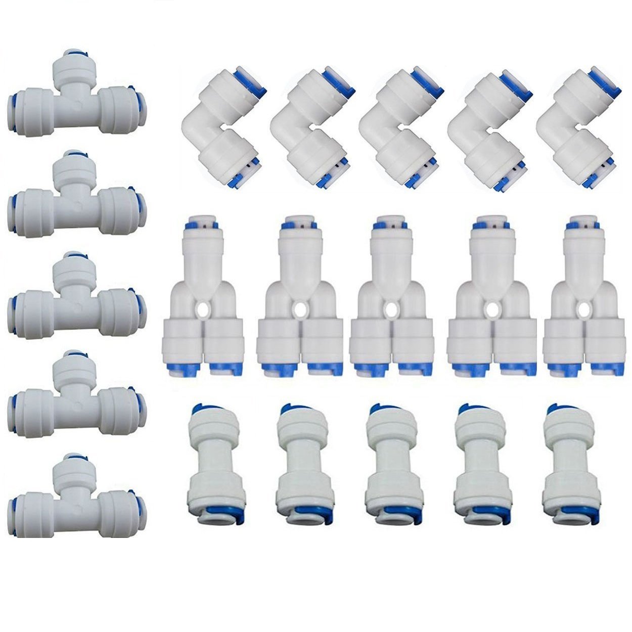 Lemoy 1/4 Inch OD Quick Connect Push to Connect Water Tube Fitting Set of 20 (Y+T+I+L Type Combo) - Ideal for Hydraulic Systems, Aquariums, and Home Plumbing Repairs