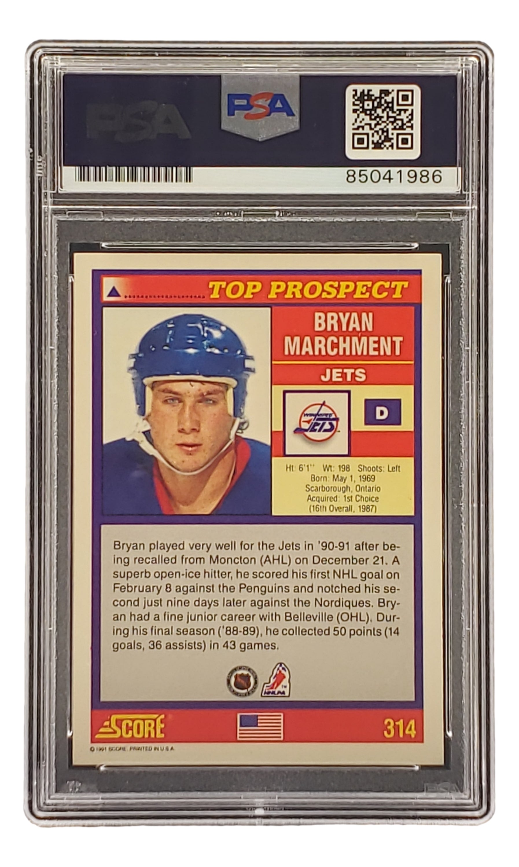 Bryan Marchment Autographed 1991 Score #314 Winnipeg Jets Hockey Card PSA/DNA Certified - Perfect for NHL Memorabilia Collectors and Hockey Fans Display