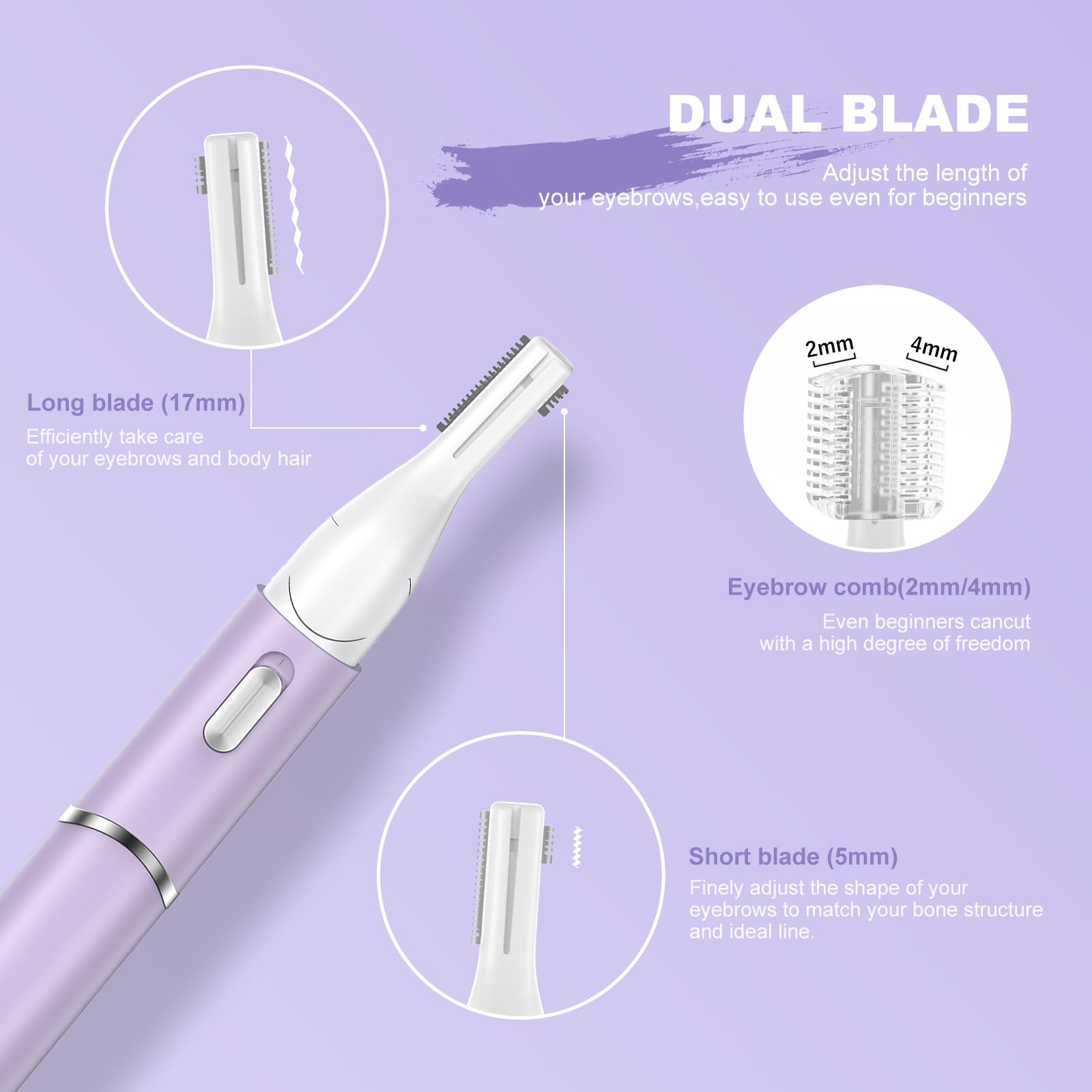 Rechargeable Eyebrow Trimmer for Women - Double-Sided Electric Eyebrow Razor with Pivoting Head & Comb, Portable Facial Hair Remover for Easy Cleaning - Perfect for Travel, Home Use & Eyebrow Shaping