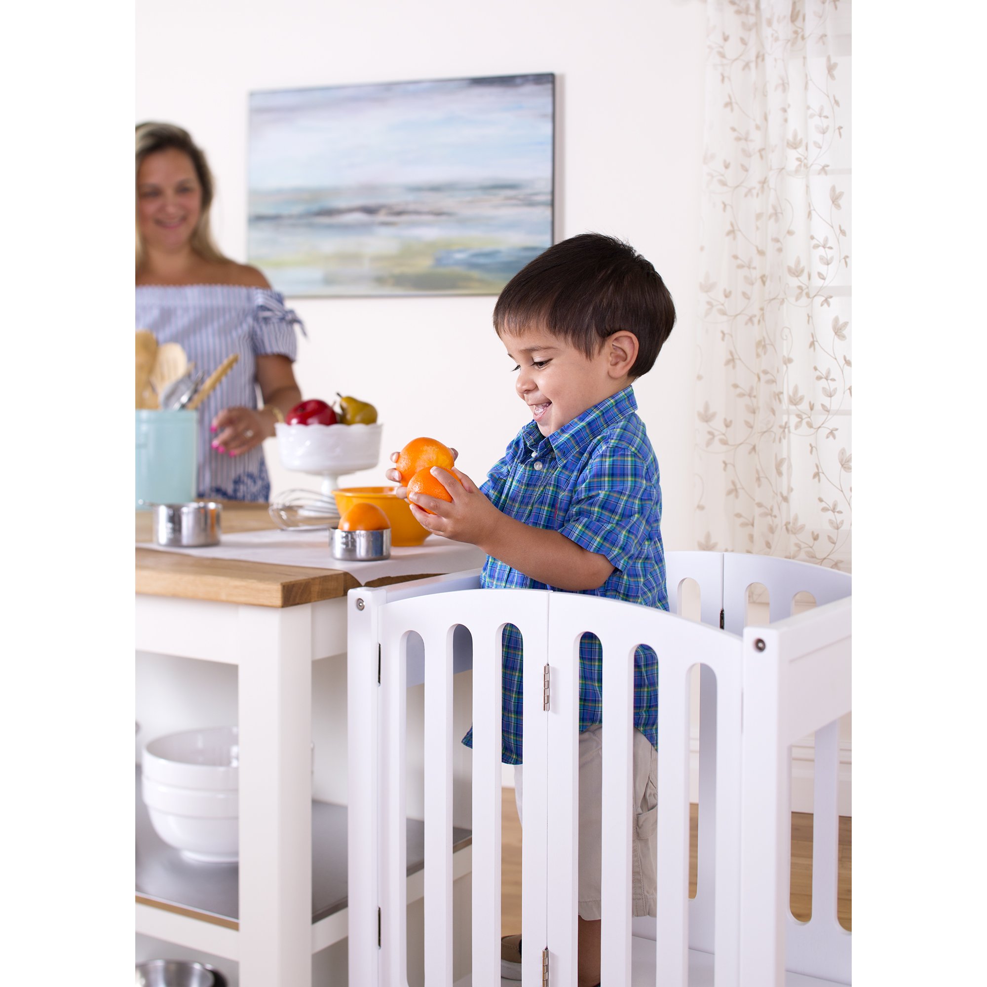 Guidecraft Kitchen Helper Toddler Tower Step Stool - Adjustable Height Montessori Learning Stool for Kids - White Wooden Foldable Step Stool for Kitchen, Baking & Cooking Activities - Safe Toddler Standing Platform