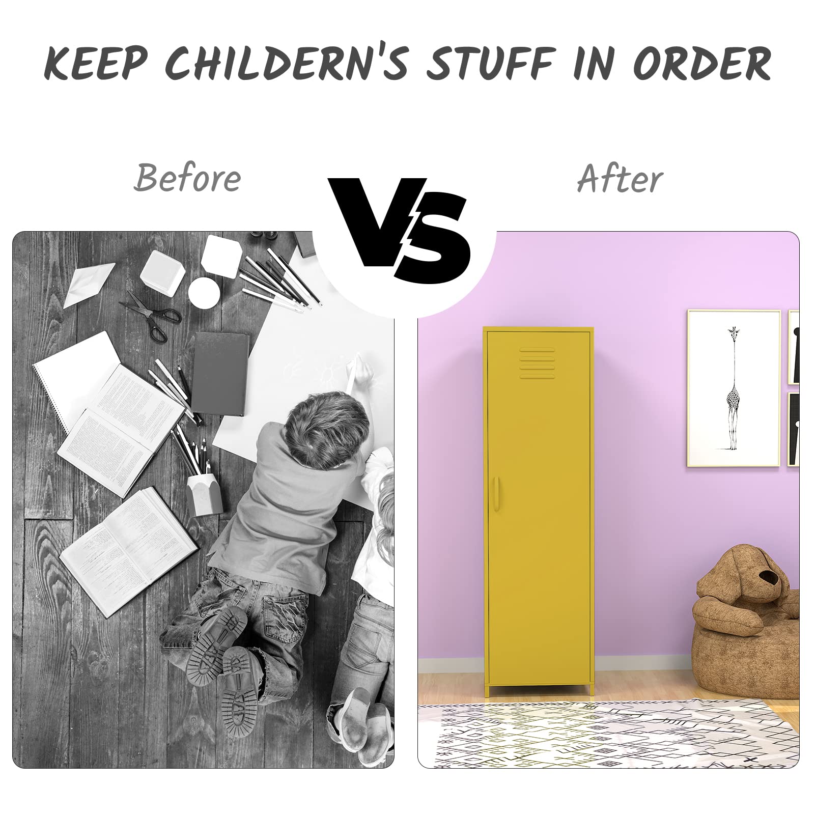 Steel Locker Cabinet with Hanging Rod & Shelves - Single Door Metal Storage Locker for Bedroom, School & Classroom - Organize Toys, Clothes & Accessories - Durable Yellow Storage Solution for Home & Office Use