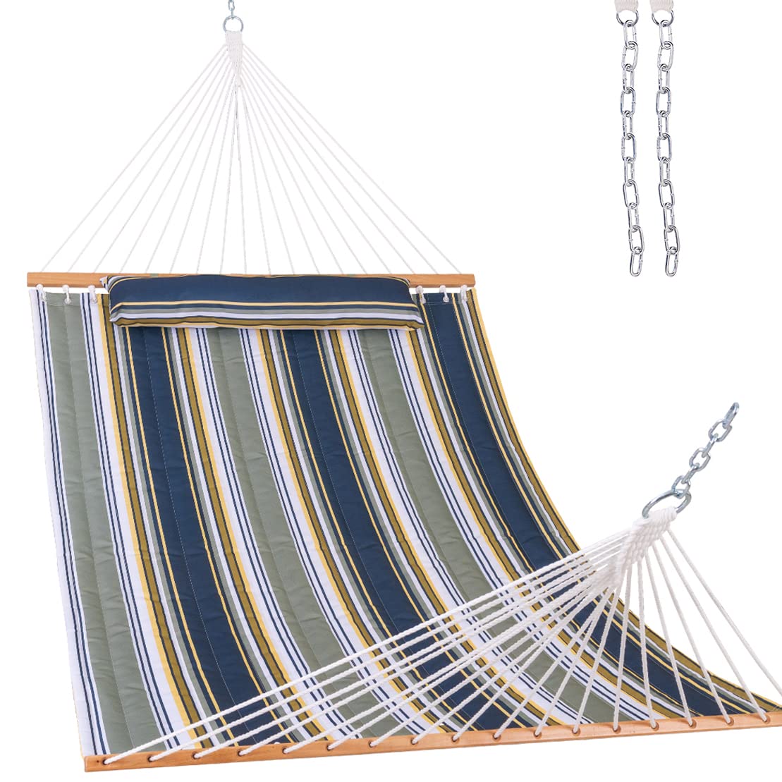 12 FT Quilted Fabric Double Hammock with Spreader Bar - 2 Person Outdoor Hammock with Chains & Pillow - 450 lbs Capacity for Patio, Poolside, Backyard & Beach Camping - Perfect for Relaxing in Forest, Garden or Vacation Getaways