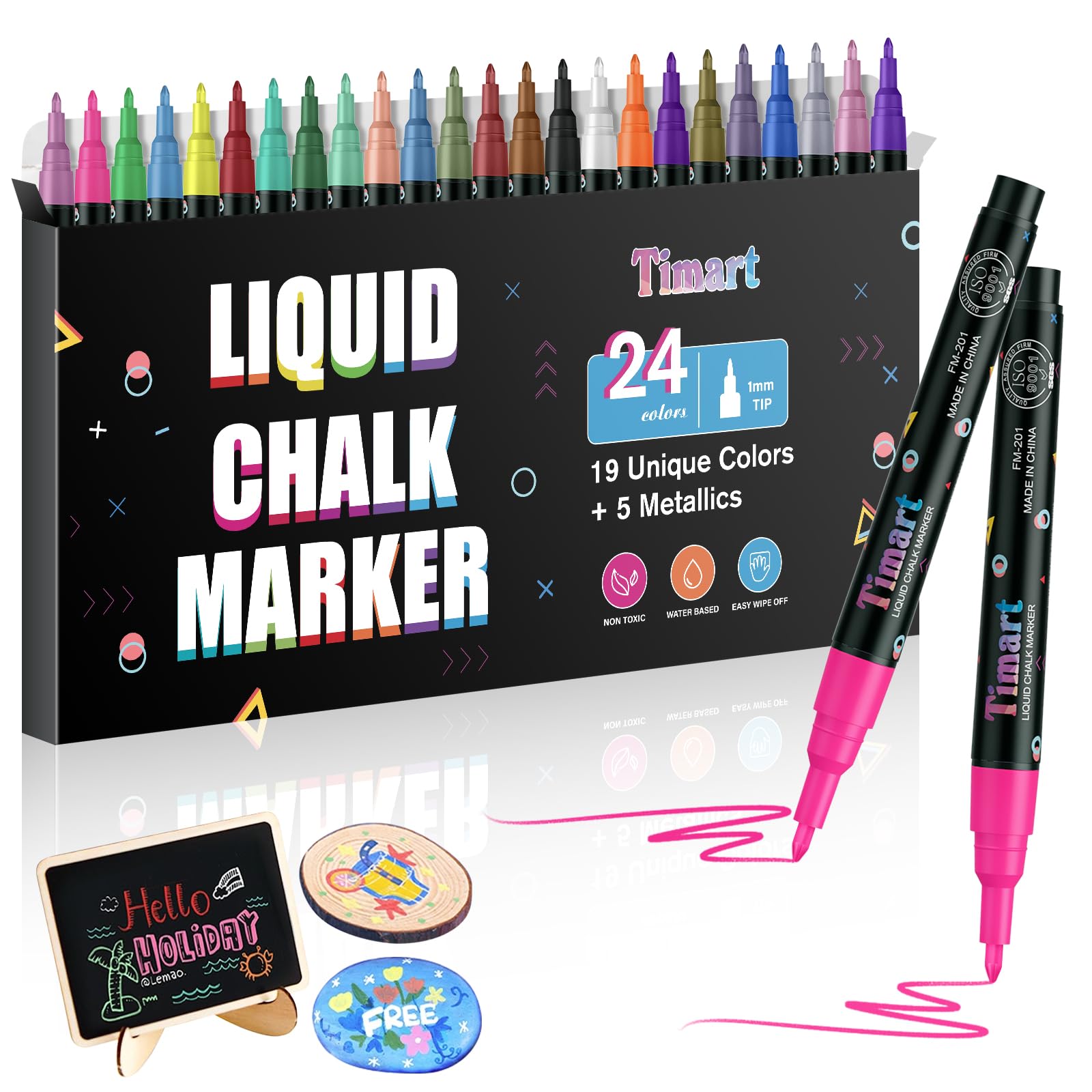 Timart Liquid Chalk Markers 24 Pack (1mm Fine Tip) - Erasable Non-Toxic Chalkboard Pens for Blackboard, Windows, Glass, Bistro Boards & Car Signs - Includes 5 Metallic Colors - Perfect for Restaurants, Cafes, Retail Stores & Classroom Decorations