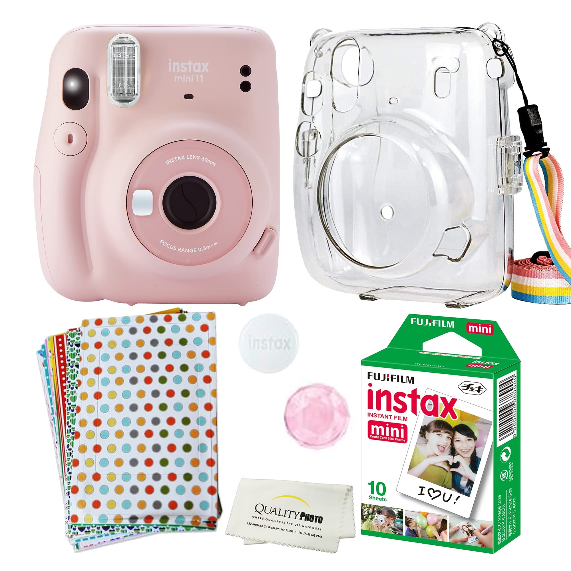 Fujifilm Mini 11 Instant Camera Kit with Clear Protective Case, 60 Sheets Film & Decorative Stickers - Blush Pink for Travel, Parties & Memory Keeping