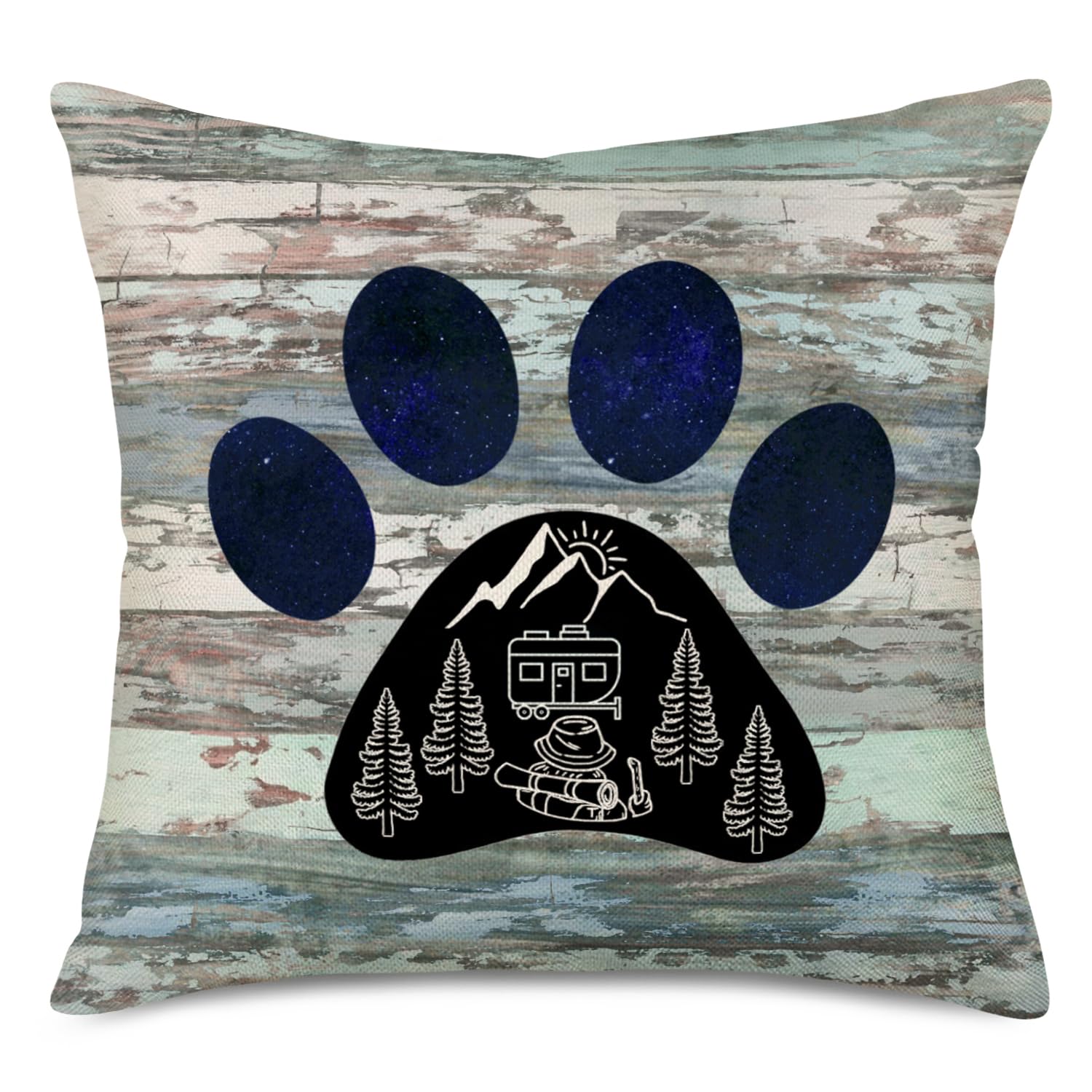 Happy Camper Paw Print Throw Pillow Covers 18x18 Inch - Mountain Tree Design Cotton Linen Cushion Covers for Sofa, Bed, Outdoor Decor - Wood Background Camping Themed Home & Travel Accessories