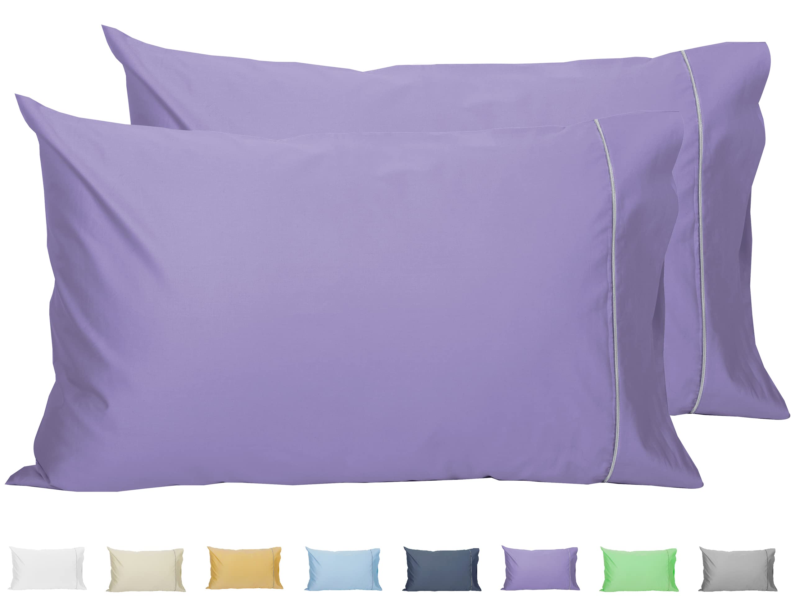 Sunflower Queen Pillowcases Set of 2 - 100% Cotton 20x30 Inches with Silver Trim - Soft Breathable Solid Purple Pillow Covers for Bedroom, Guest Room & Dorm Decor