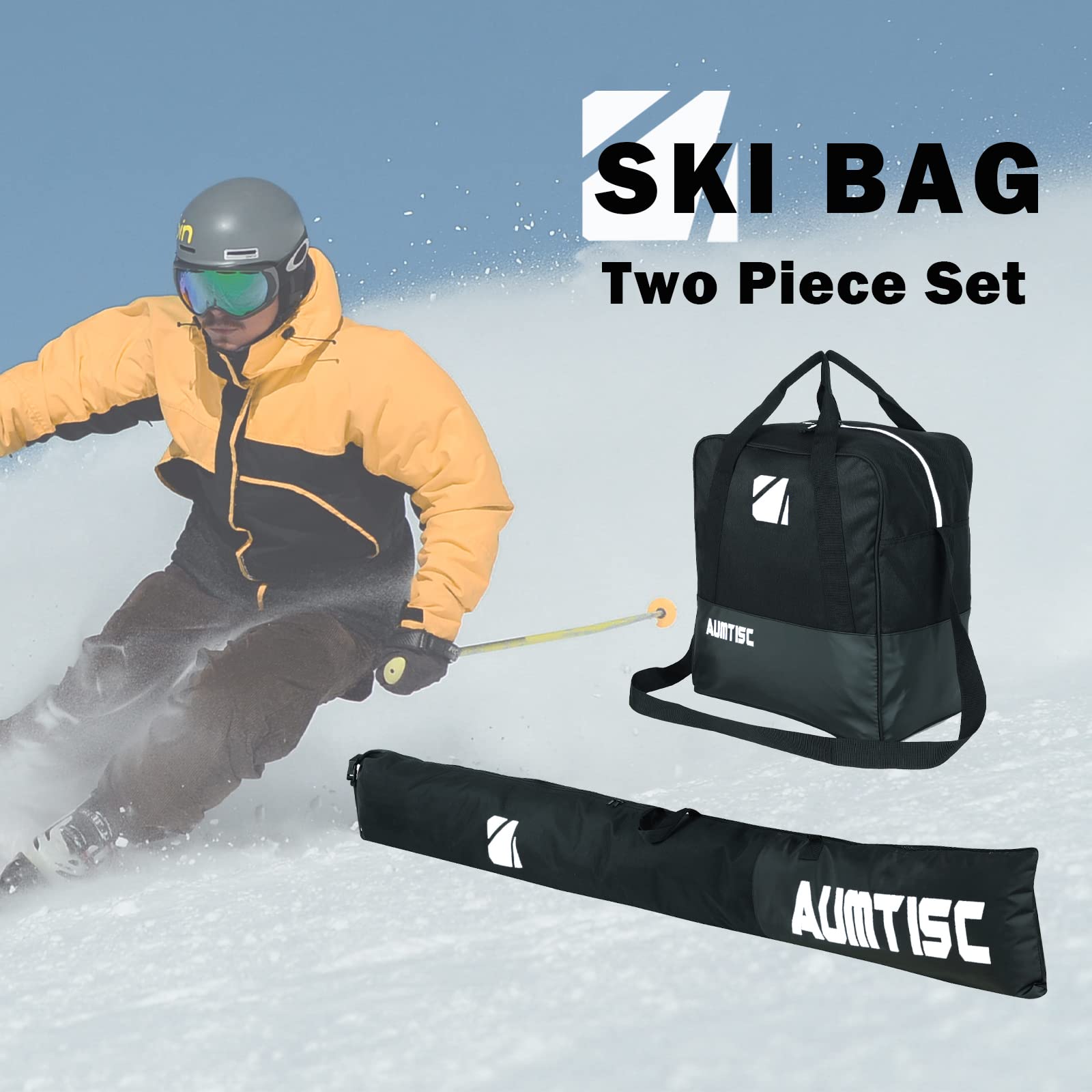 AUMTISC 2-Piece Padded Ski and Boot Bag Combo - Adjustable Length Up to 200cm for 1 Pair of Skis & Boots - Perfect for Air Travel, Mountain Trips & Ski Resort Storage