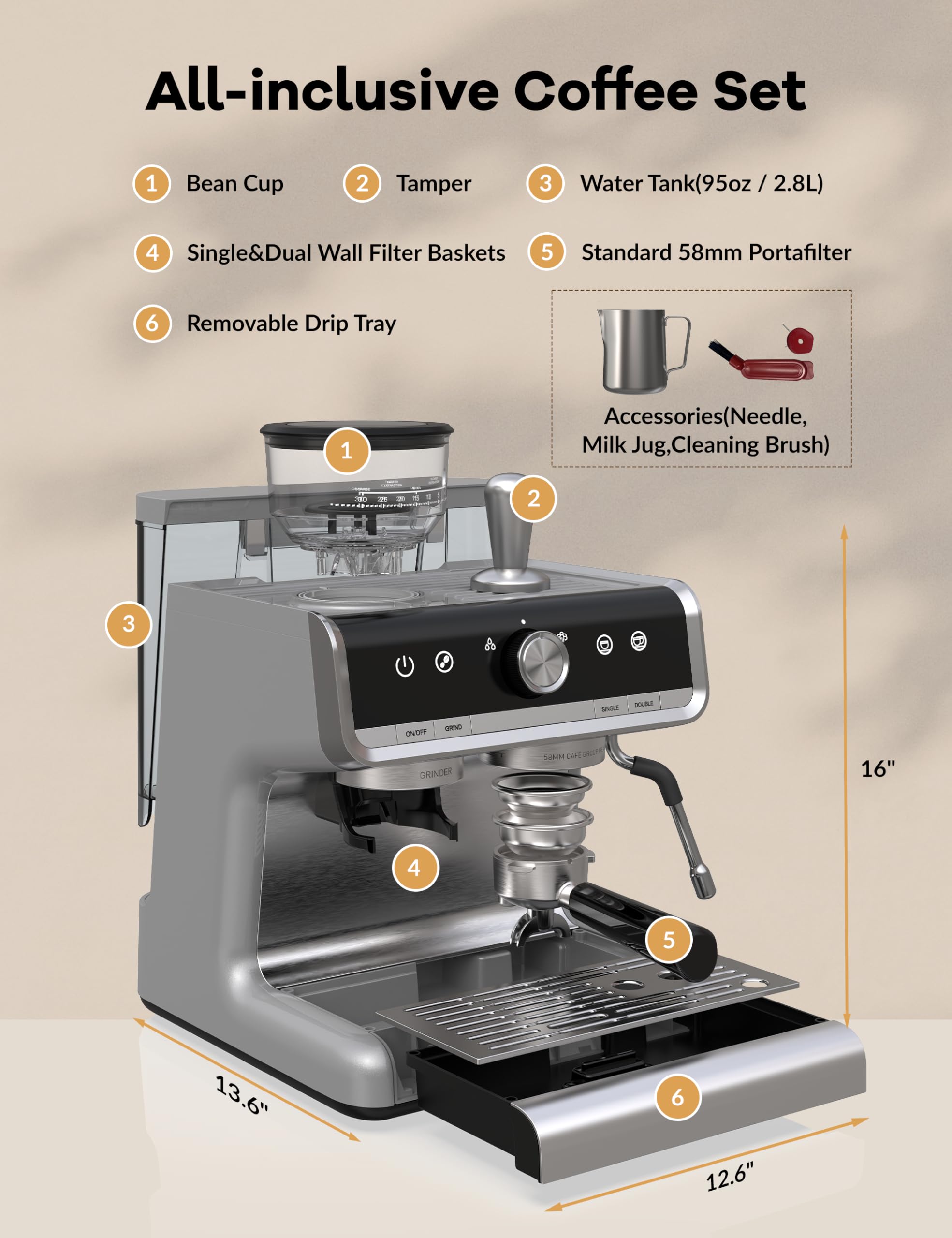 20 Bar Espresso Coffee Machine with Milk Frother - 2.8L Removable Water Tank, 1450W Semi-Automatic Espresso Maker with Built-in Grinder for Latte & Cappuccino | Perfect for Home Baristas & Coffee Lovers | Ideal for Kitchen, Office & Gift Giving