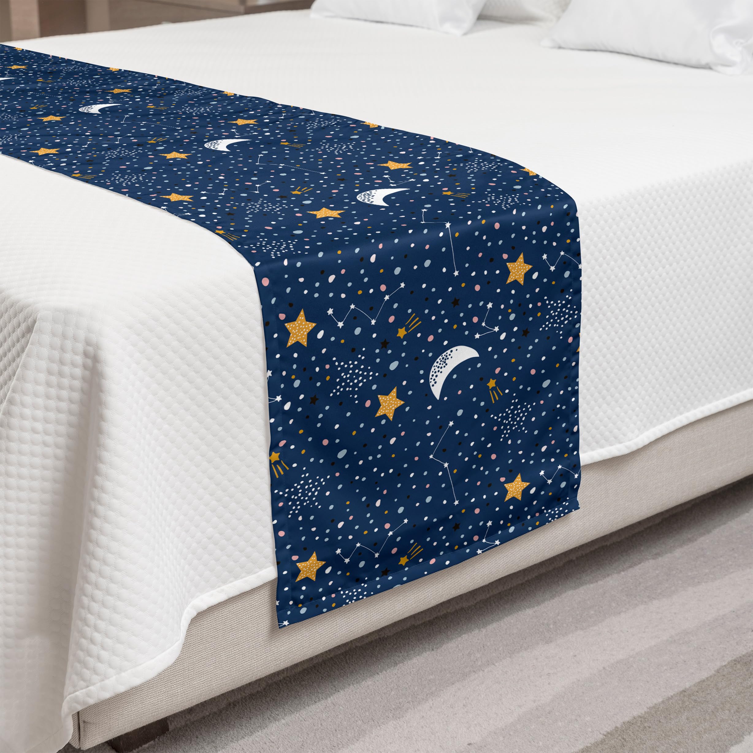 Ambesonne Night Sky Bed Runner - Doodle Style Moon, Stars & Colorful Blots Design - Decorative Bed Scarf for Queen & King Beds - Perfect for Hotels, Homes & Guestrooms - Night Blue & Marigold - Ideal for Boho Bedroom Decor & Celestial Theme Weddings