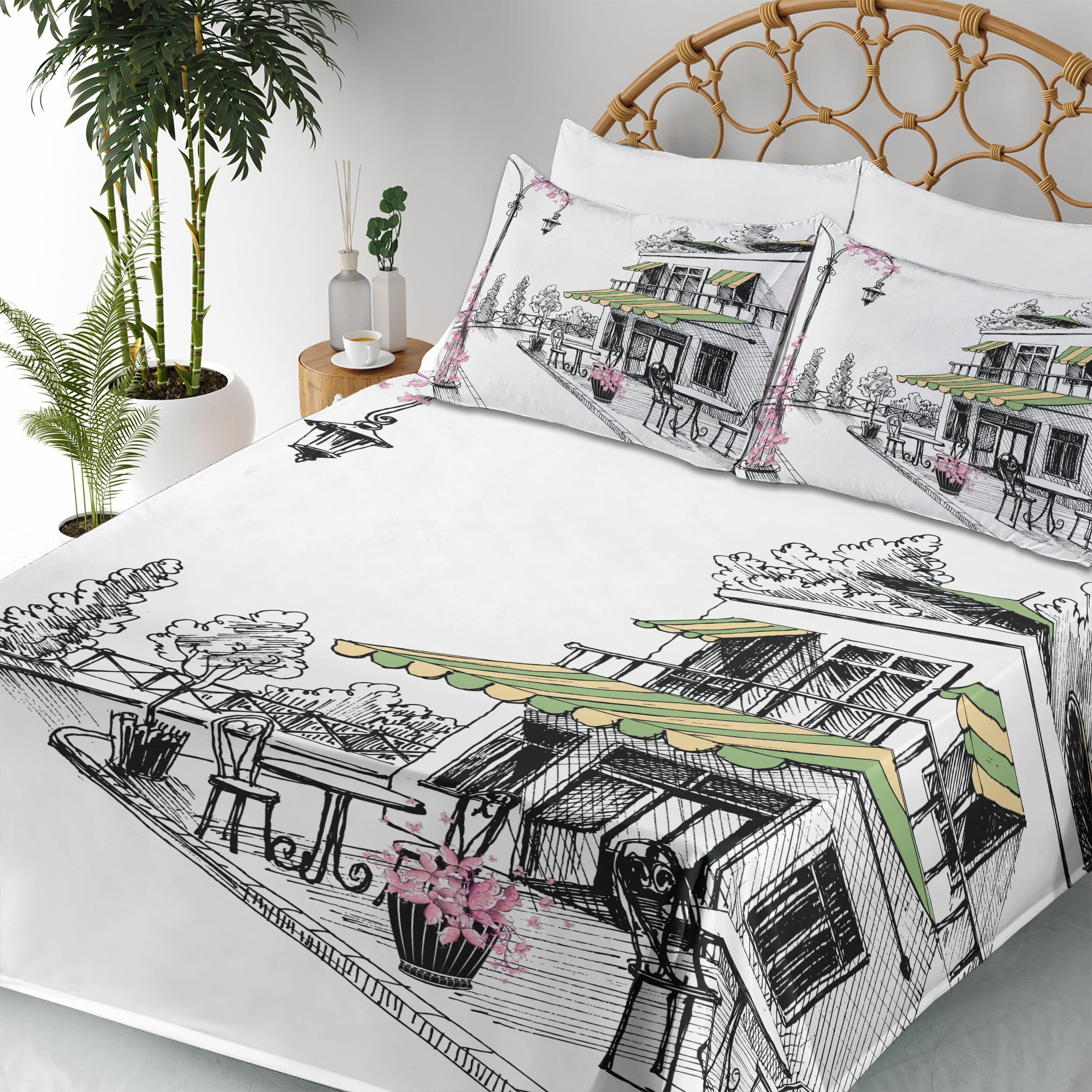 Ambesonne Parisian Patio Sketch 4-Piece King Sheet Set - Charcoal Grey & White Digital Illustration Bedding with Fitted Sheet, Flat Sheet & Pillowcases | Perfect for Guest Rooms, Master Bedrooms & Bohemian Home Decor