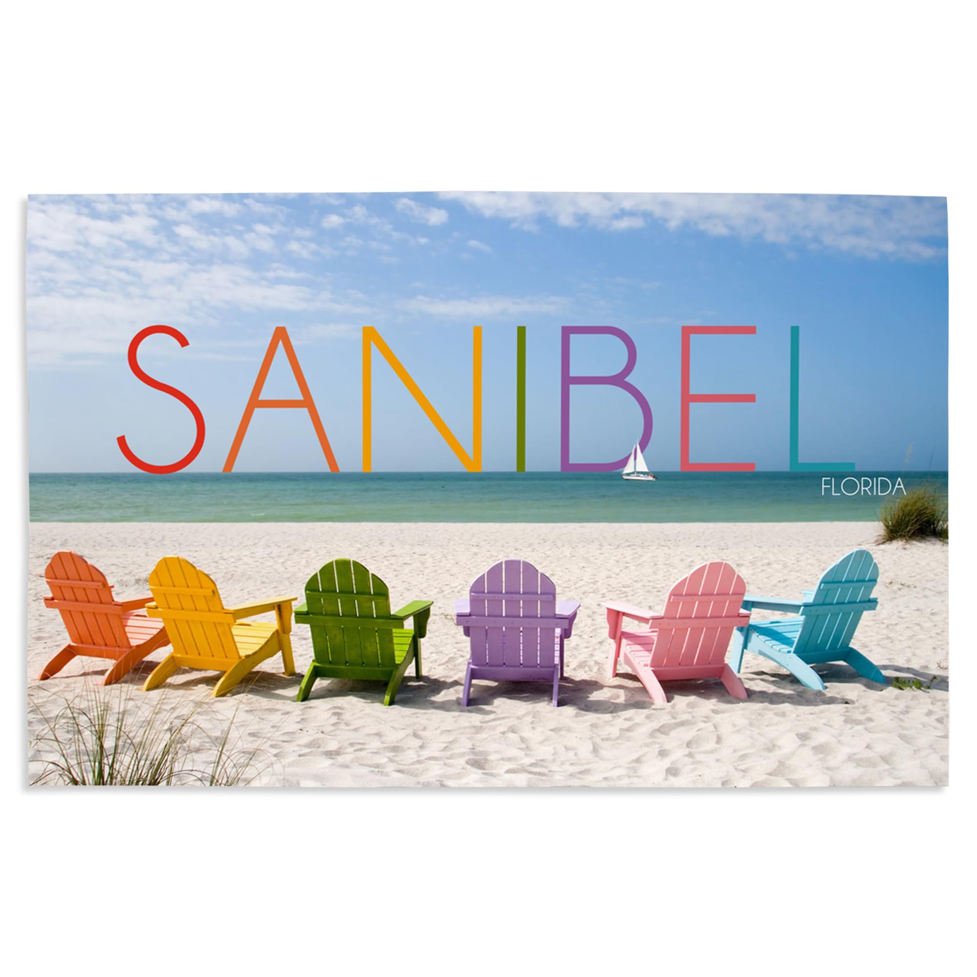 Lantern Press 16x24 Inch Giclee Art Print - Sanibel Florida Beach Chairs Wall Decor - Colorful Coastal Art for Living Room, Bedroom & Office