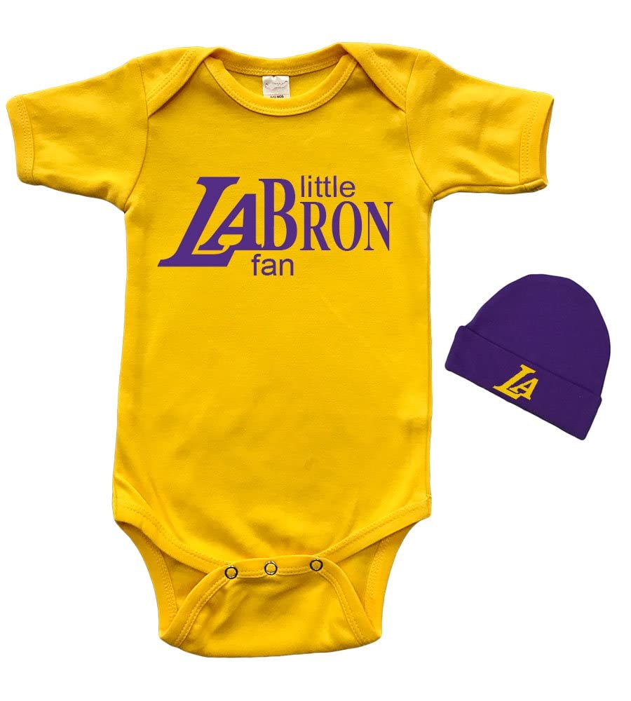 PandoraTees Short Sleeve Bodysuit and Cap Set for Baby - Cute Little LeBron Fan Outfit for Basketball Games & Playtime