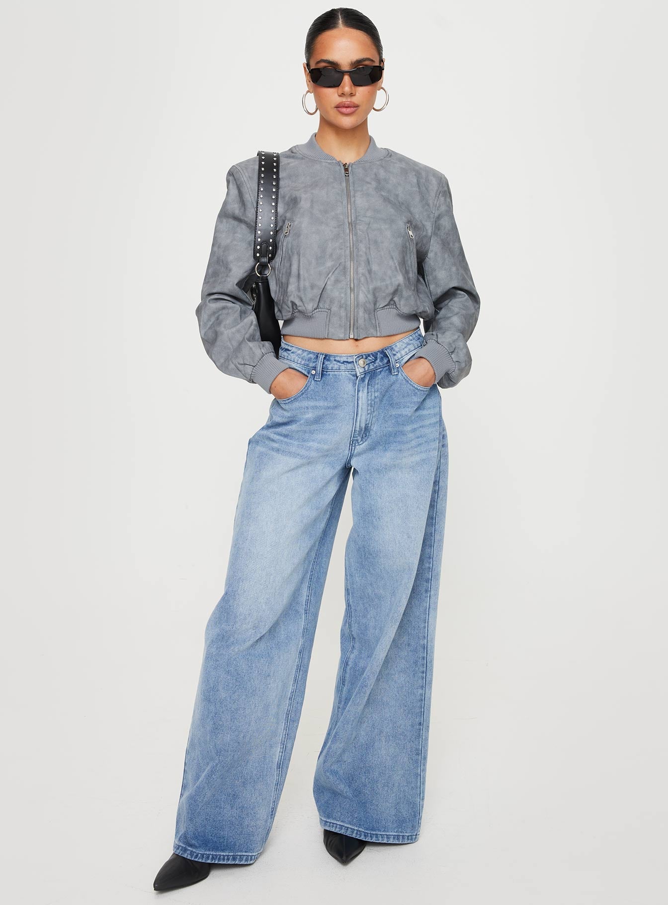 Allure Faux Leather Bomber Jacket for Women - Stylish Vegan Leather Jacket with Cloud Pattern - Perfect for Casual Outfits, Night Out & Fall Fashion