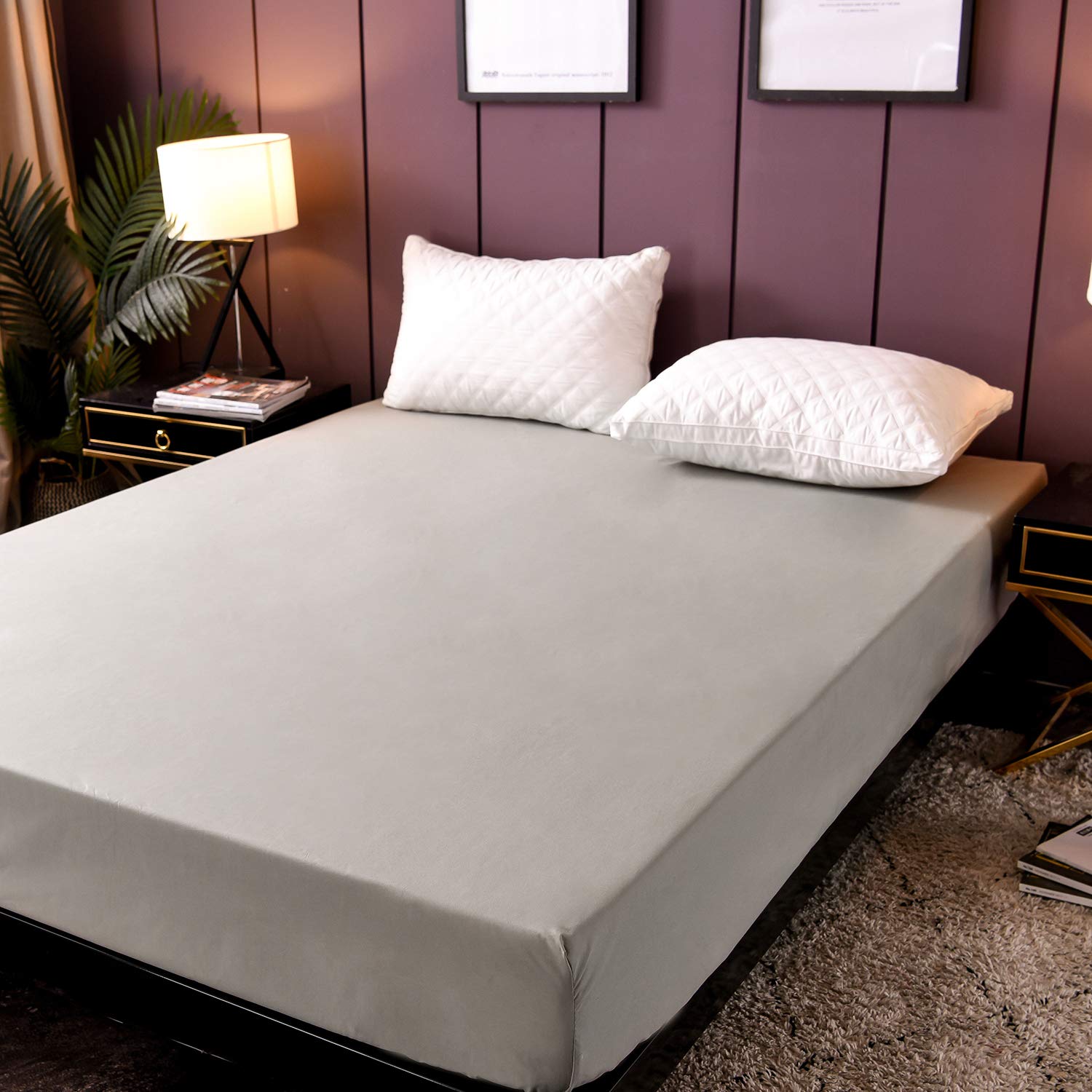 Waterproof Fitted Sheet Full Size - Gray Deep Pocket Brushed Microfiber Mattress Protector (54