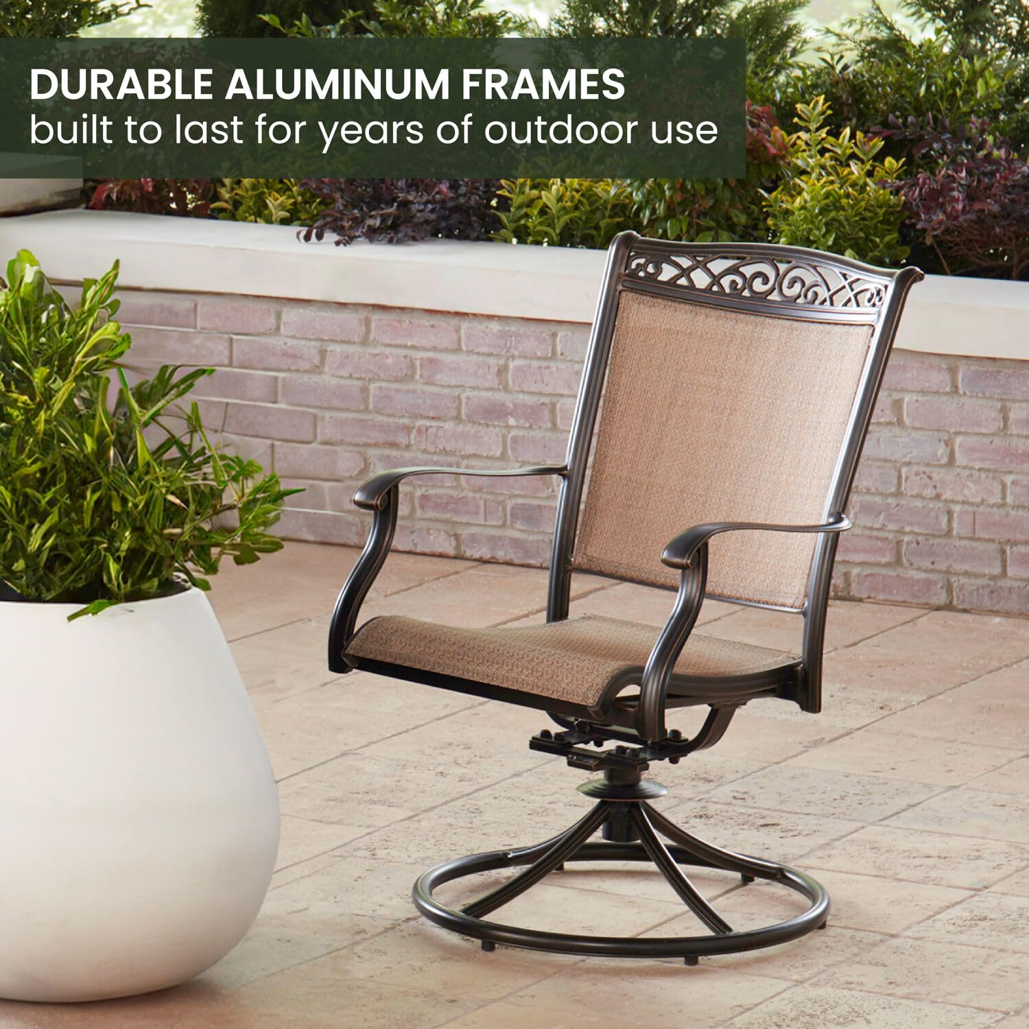 Hanover Fontana 5-Piece Outdoor Patio Dining Set with PVC Tan Sling Swivel Rocker Chairs & 48