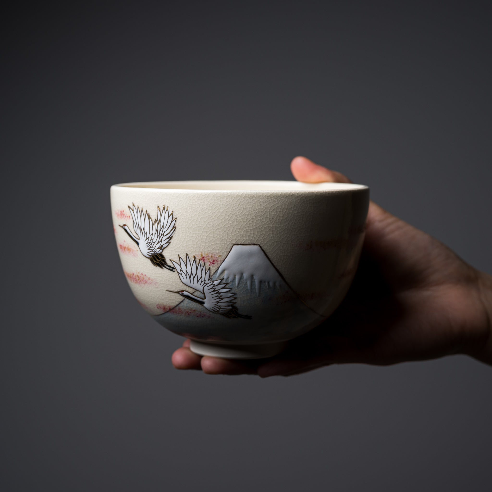 Handmade Kyo Kiyomizu Ware Matcha Bowl - Traditional Japanese Crane & Mt. Fuji Design - Authentic Ceremonial Tea Drinking Set for Zen Meditation & Tea Ceremony