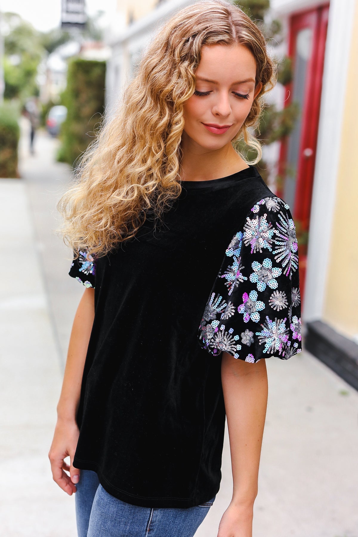 Glamorous Black Floral Sequin Puff Sleeve Velvet Top for Women | Elegant Party Blouse | Perfect for Evening Events, Date Nights & Special Occasions