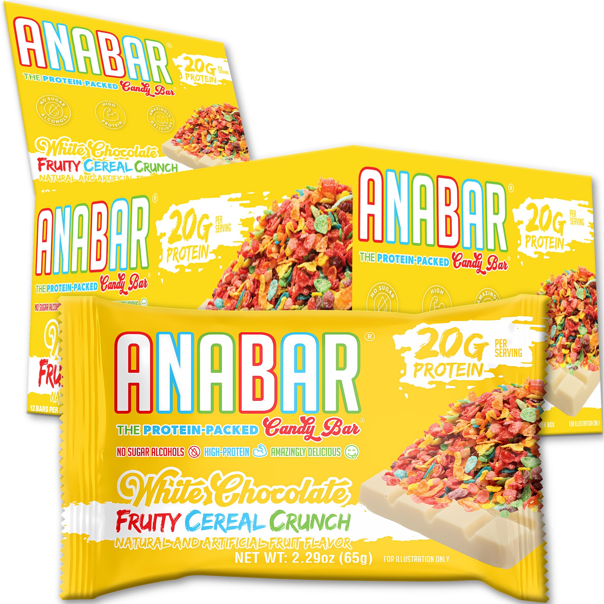 Anabar High Protein Bar - 20g Protein, No Sugar Alcohols, White Chocolate Fruity Cereal Crunch (12 Bars) | Delicious Healthy Snack for Gym, Hiking & Weight Loss