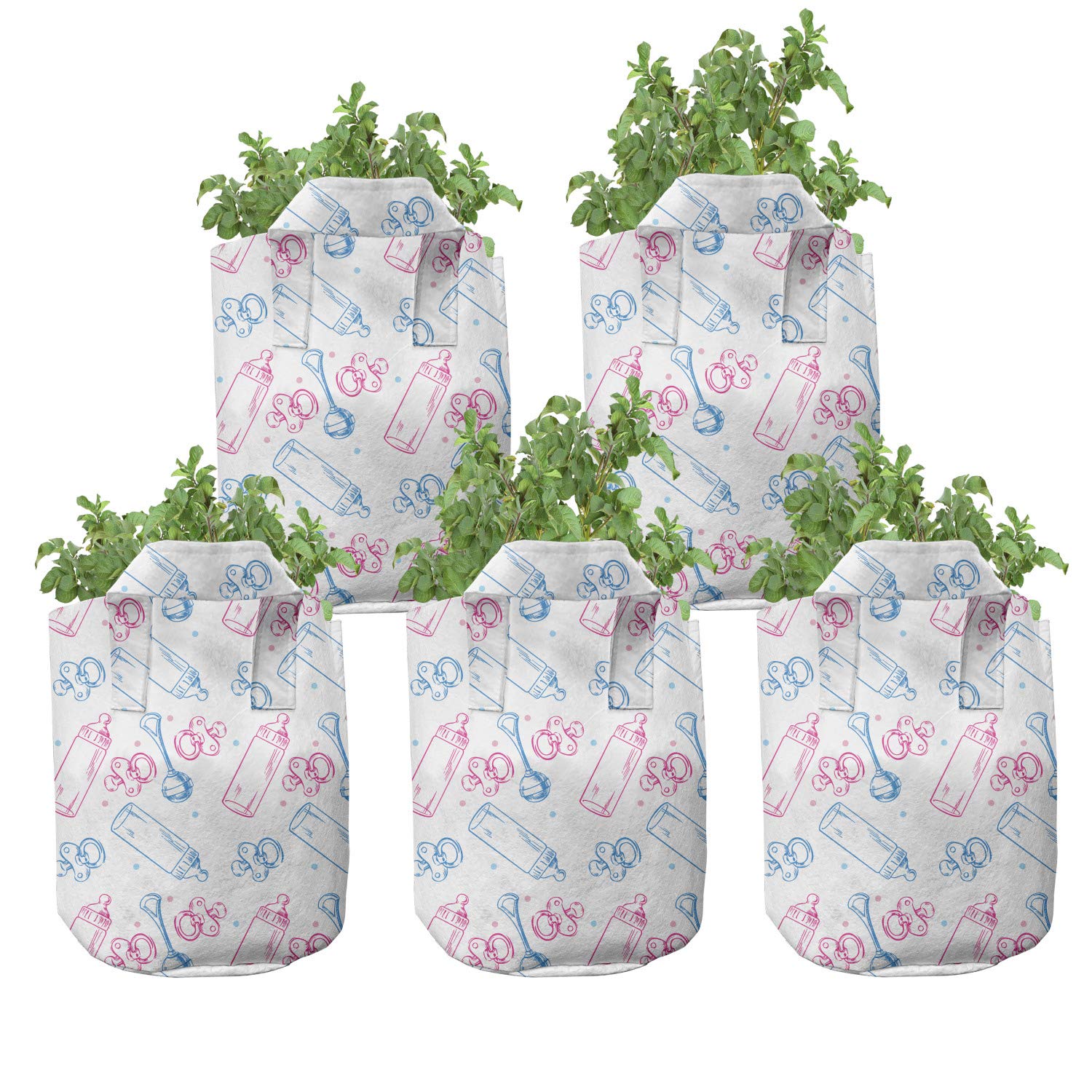 Ambesonne 5-Pack Cartoon Grow Bags - Heavy Duty Fabric Plant Pots with Handles, Minimalist Milk Art Pattern in White, Pink & Blue - Perfect for Indoor/Outdoor Gardening, Balcony Decor & Plant Lovers