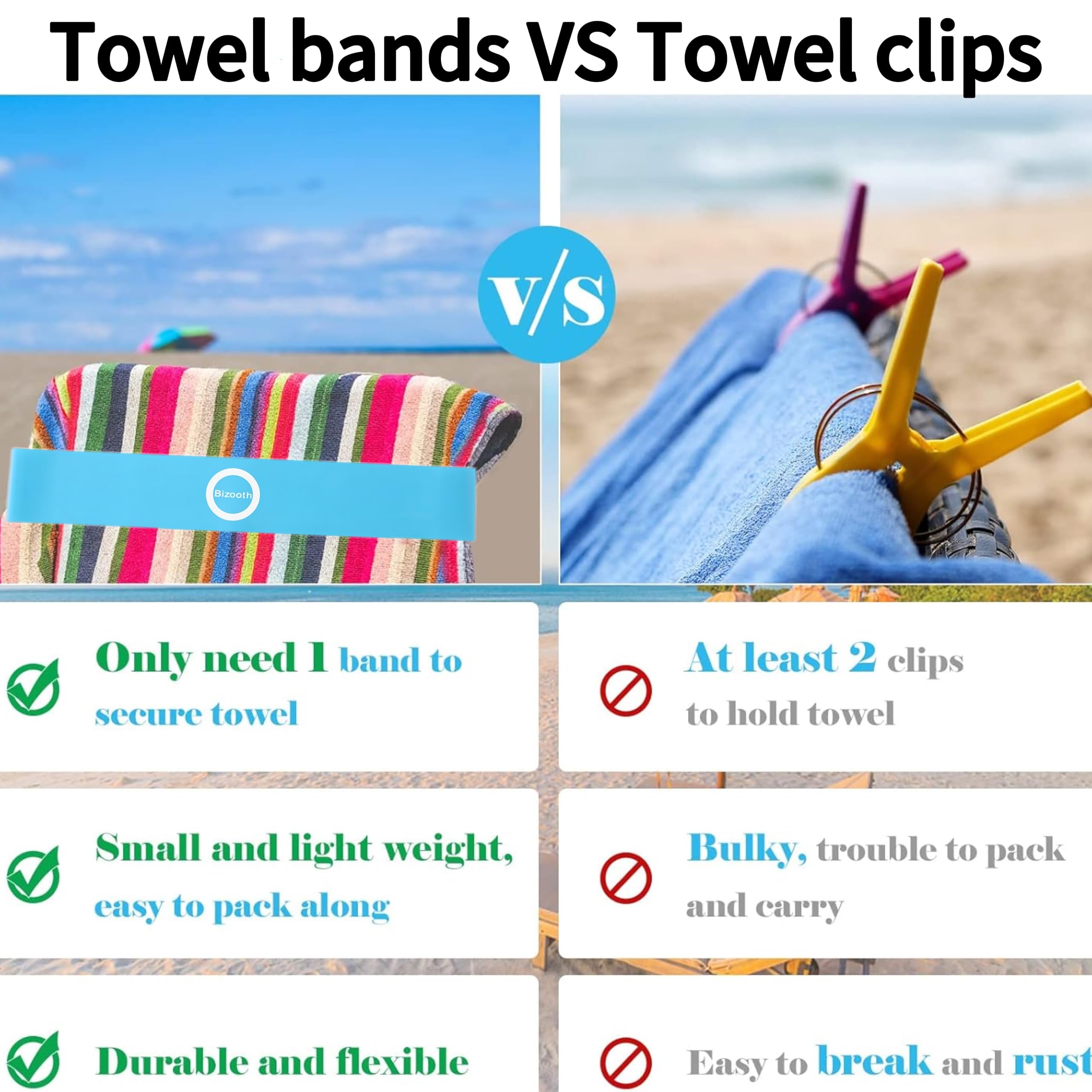Premium 6-Pack Beach Towel Bands - Heavy Duty Towel Clips for Pool Chairs, Cruise Ships & Outdoor Lounging - Secure Towel Holder for Cruise Chairs, Beach Umbrellas & Patio Furniture (Blue) - Perfect for Vacation, Travel & Relaxation by the Pool or Ocean