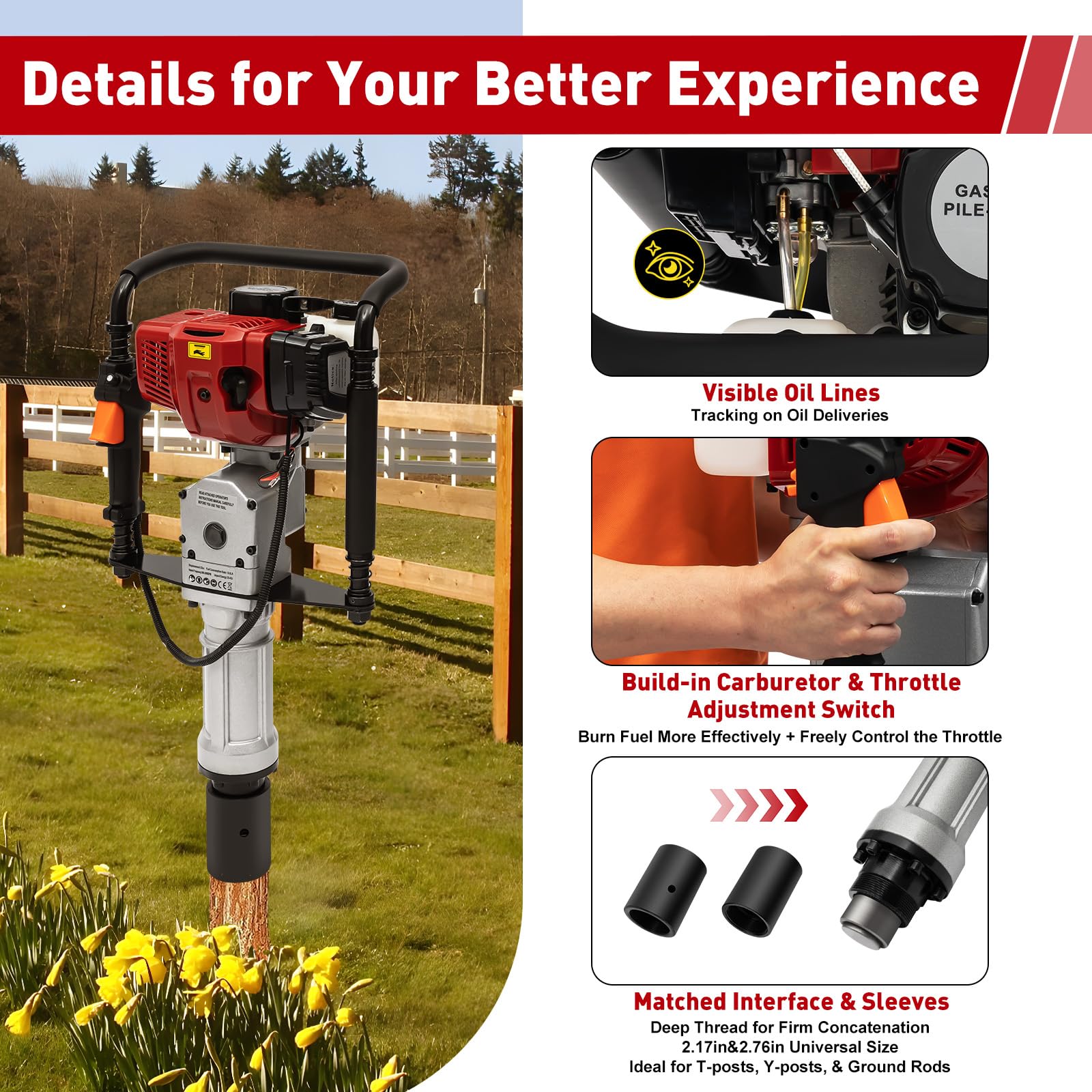 52CC 2-Stroke Gas T Post Driver Hammer - Portable Gasoline Powered Pile Driver for Fencing & Construction - US Stock - Ideal for Farm, Ranch, and Garden Fence Installation